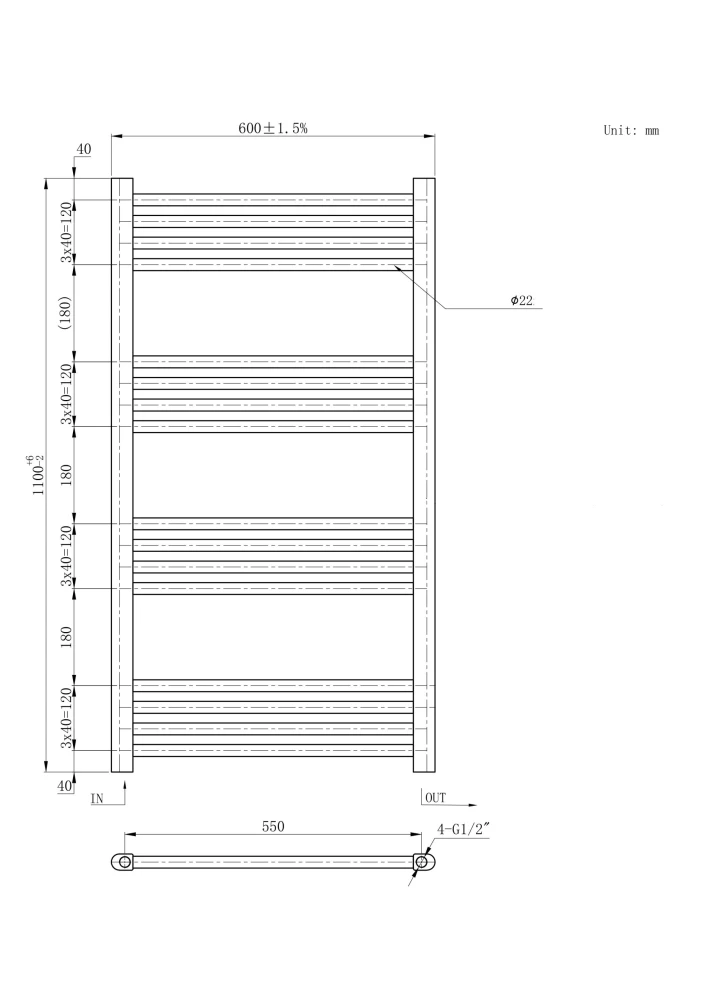 Rysunek techniczny i wymiary: GRZEJNIK ŁAZIENKOWY CZARNY DRABINKOWY 60x110 cm KALORYFER MONTAŻ 180 BRENO Granitan