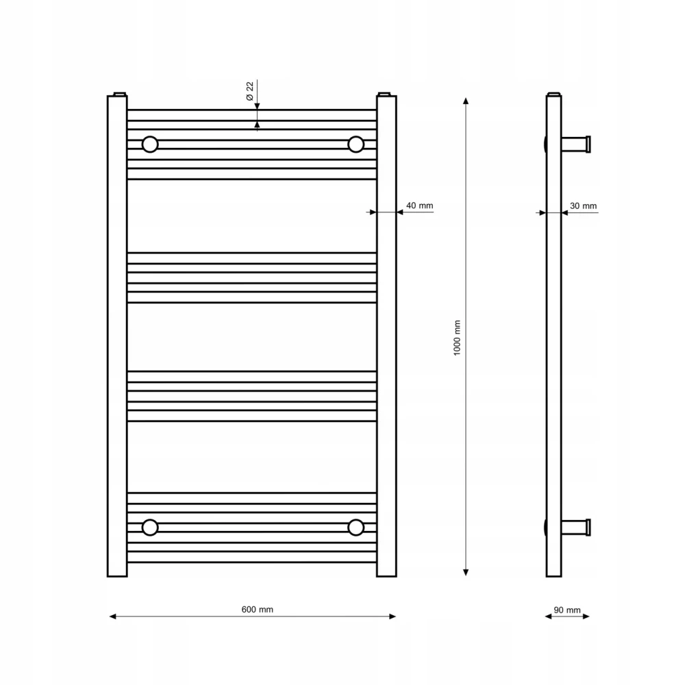 Rysunek techniczny i wymiary: GRZEJNIK ŁAZIENKOWY BIAŁY DRABINKOWY 60x100 cm KALORYFER MONTAŻ 180 BRENO Granitan