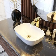 Rysunek techniczny i wymiary: UMYWALKA NABLATOWA BIAŁA CERAMICZNA PROSTOKĄTNA OWALNA ŁAZIENKOWA MERCA Granitan