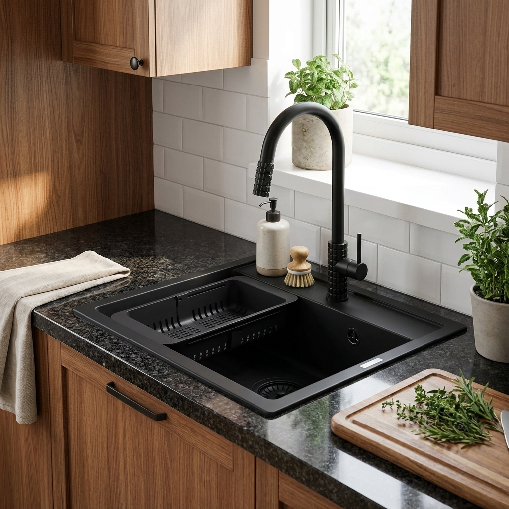 Czarny zlewozmywak granitowy MALMO z baterią SNAKE PRO syfonem i składanym koszykiem