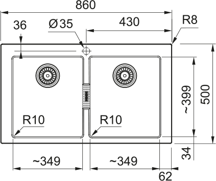 Rysunek techniczny produktu Zlewozmywak Franke SID 620 z baterią i dozownikiem