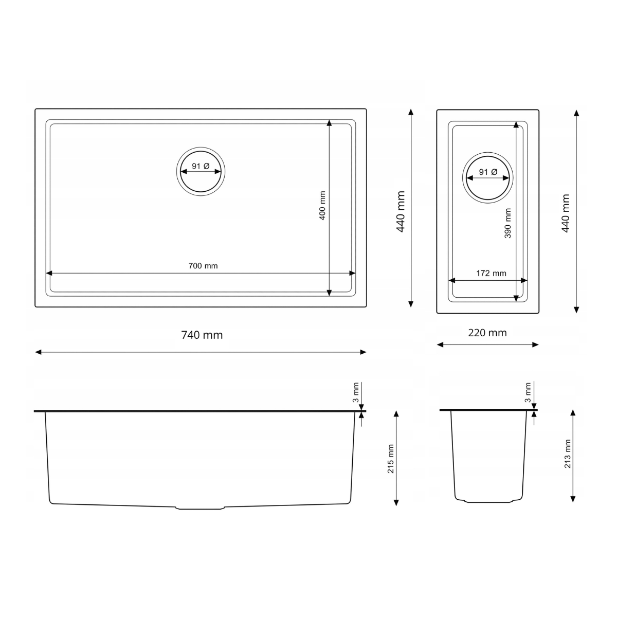 Rysunek techniczny produktu Zlewozmywak stalowy podwieszany półtorakomorowy 97 cm Bari74-22