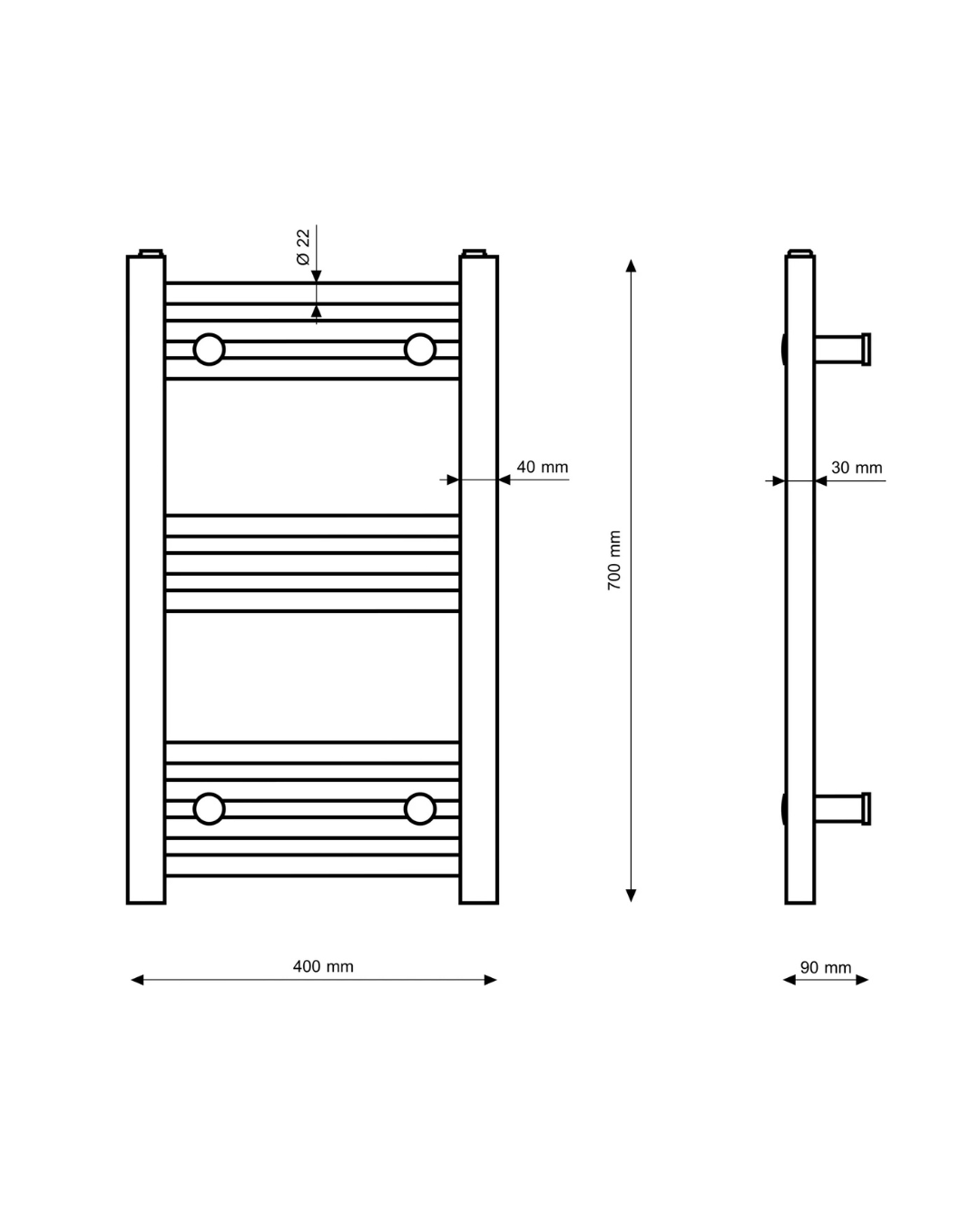 Rysunek techniczny produktu GRZEJNIK ŁAZIENKOWY BIAŁY DRABINKOWY 40x70 cm KALORYFER NOWOCZESNY BRENO
