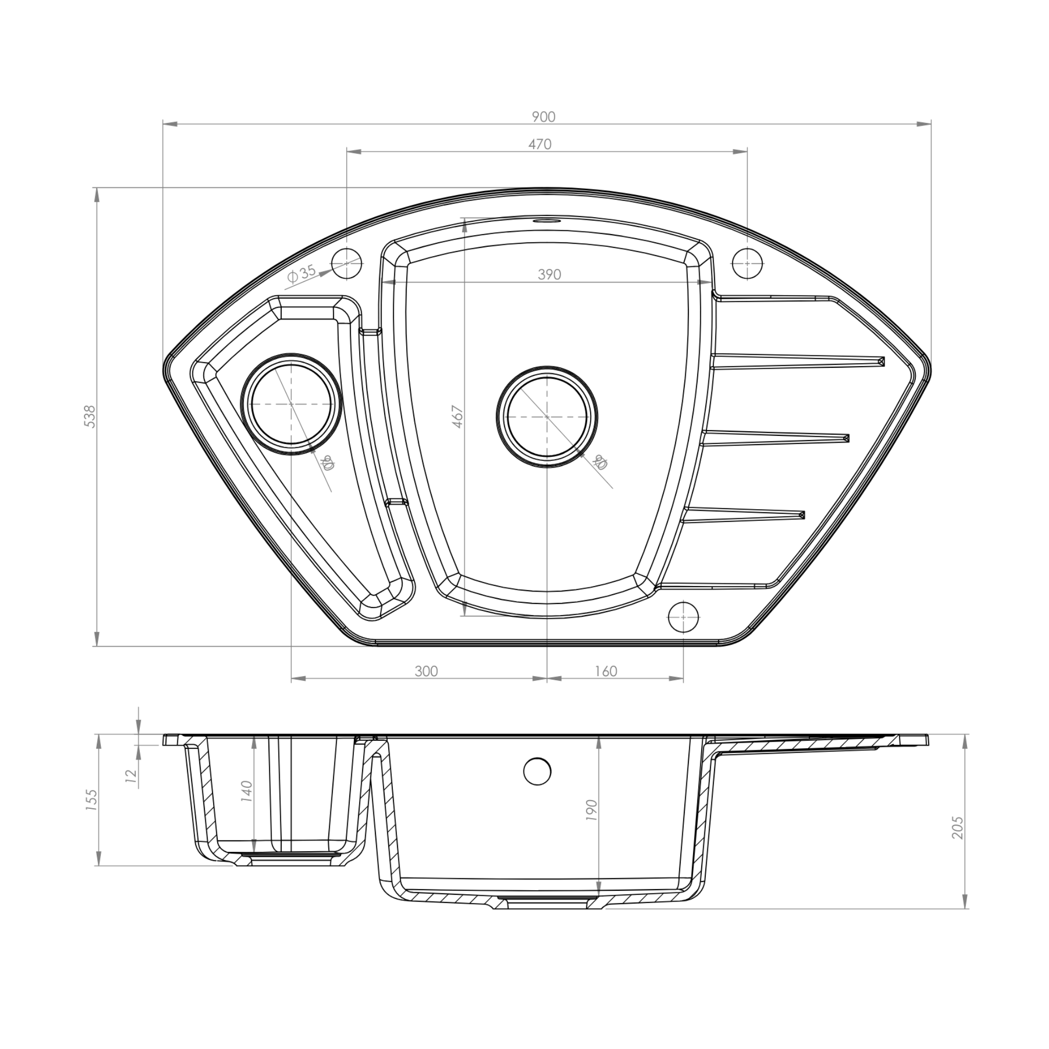 Rysunek techniczny produktu Zlewozmywak granitowy model COMPACT