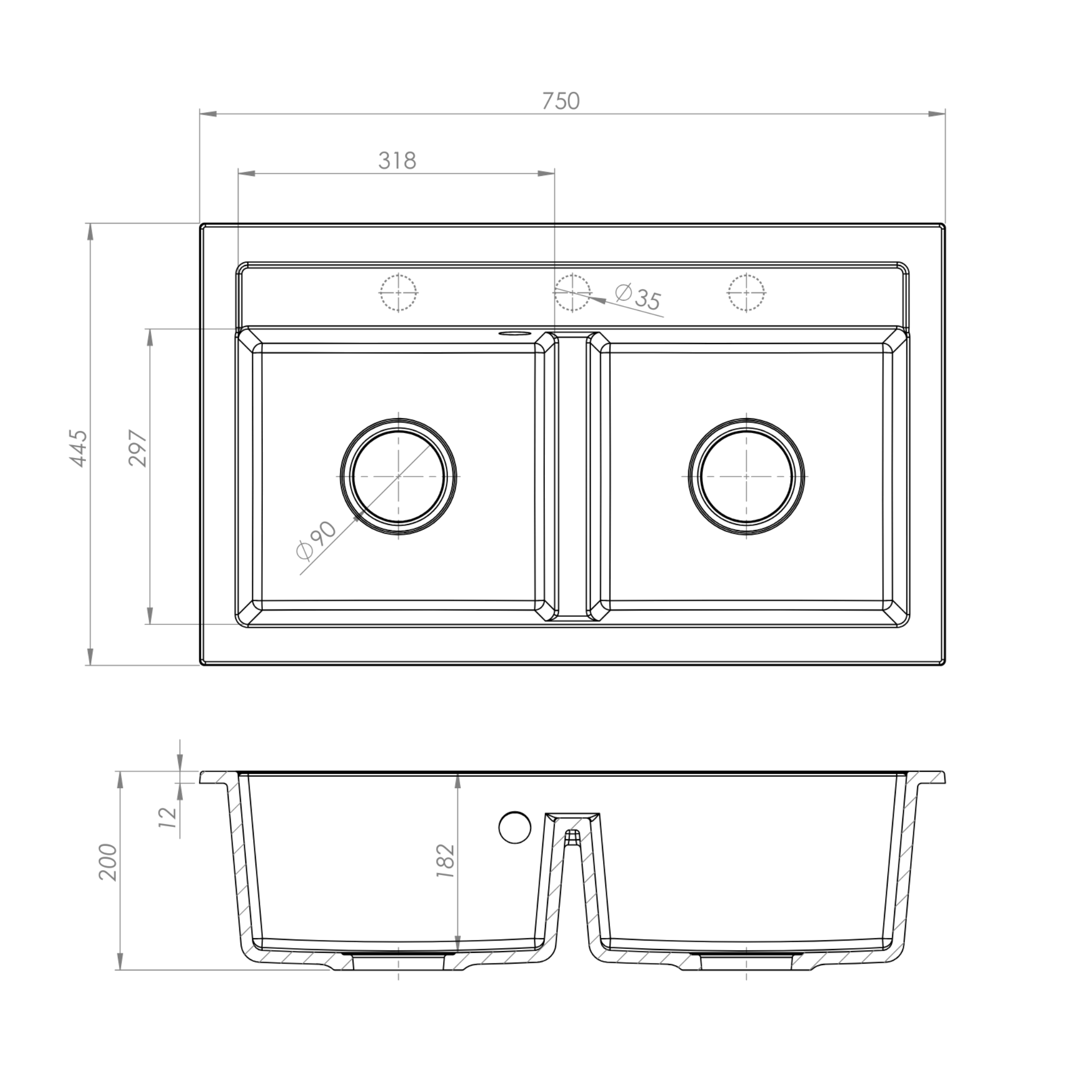 Rysunek techniczny produktu Zlewozmywak granitowy model DUET