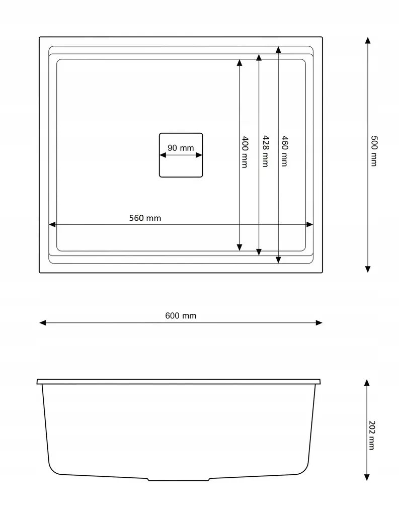Rysunek techniczny produktu ZLEW GRANITOWY 1 KOMOROWY EPIR NOWOŚĆ 60 cm