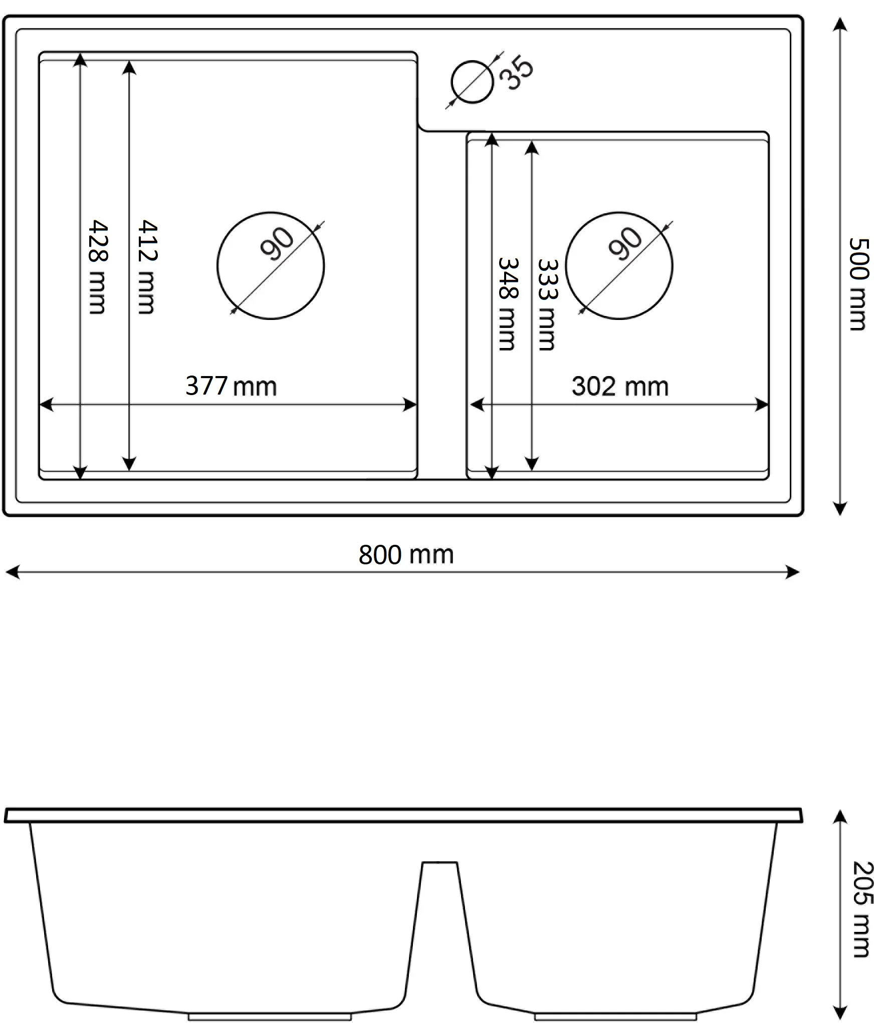 Rysunek techniczny produktu Zlew granitowy czarny dwukomorowy syfon złoty HEKTOR