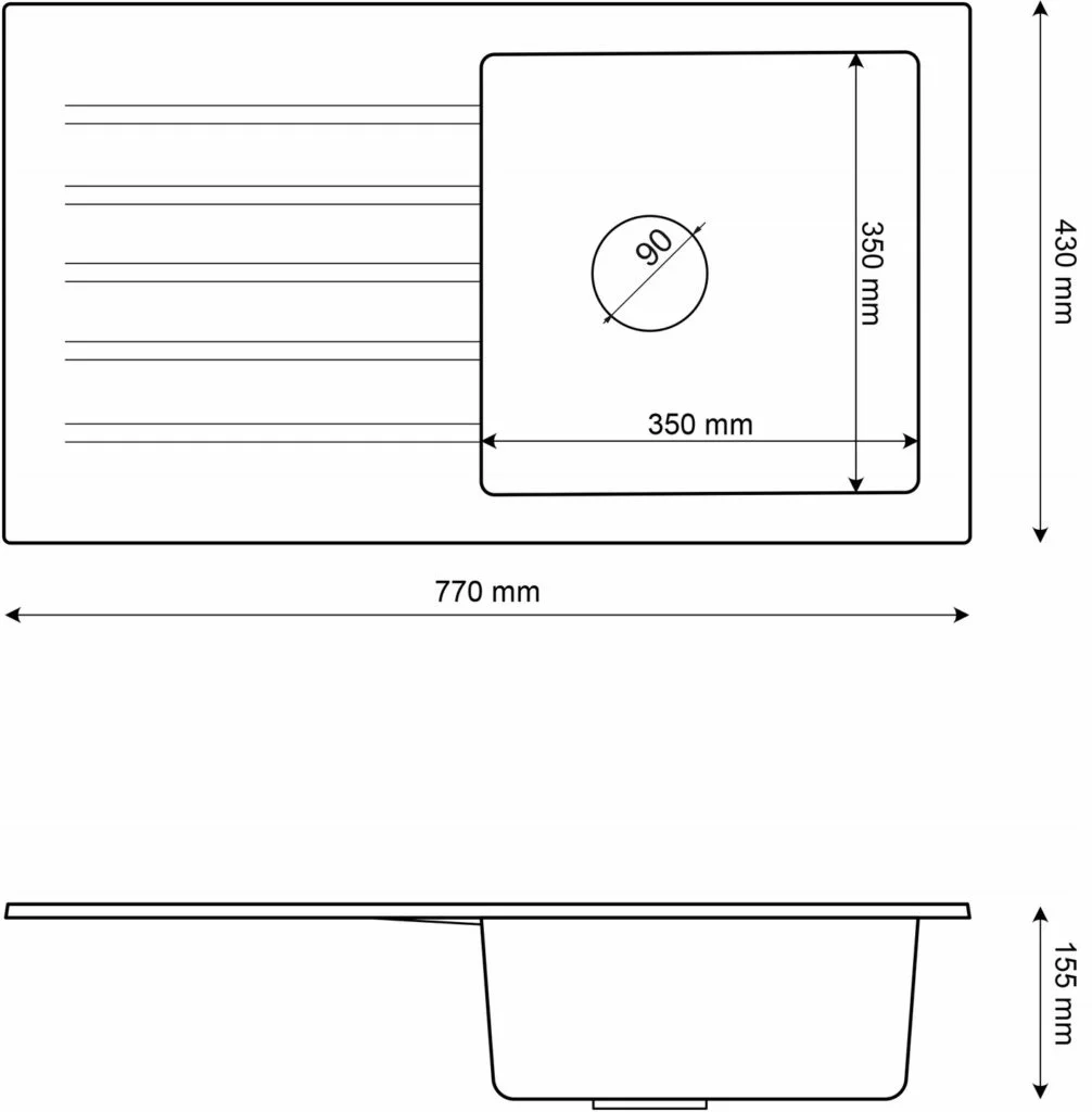 Rysunek techniczny produktu Zlewozmywak granitowy kuchenny MELGAR jednokomorowy z ociekaczem