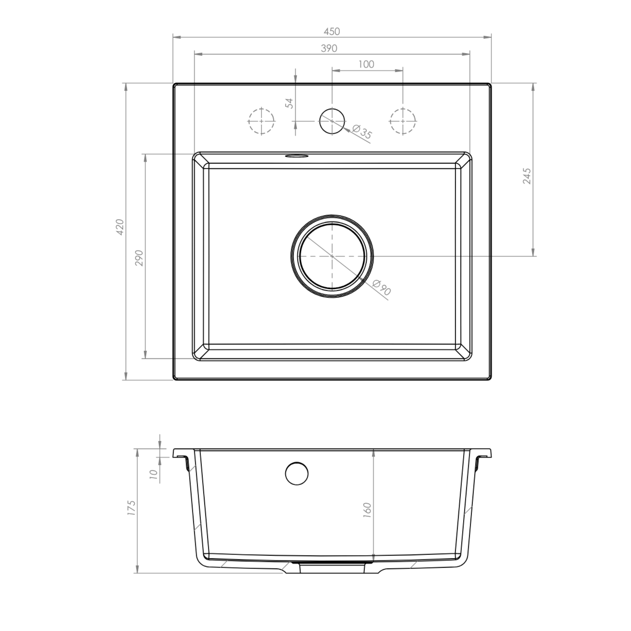 Rysunek techniczny produktu Zlewozmywak granitowy model MINI