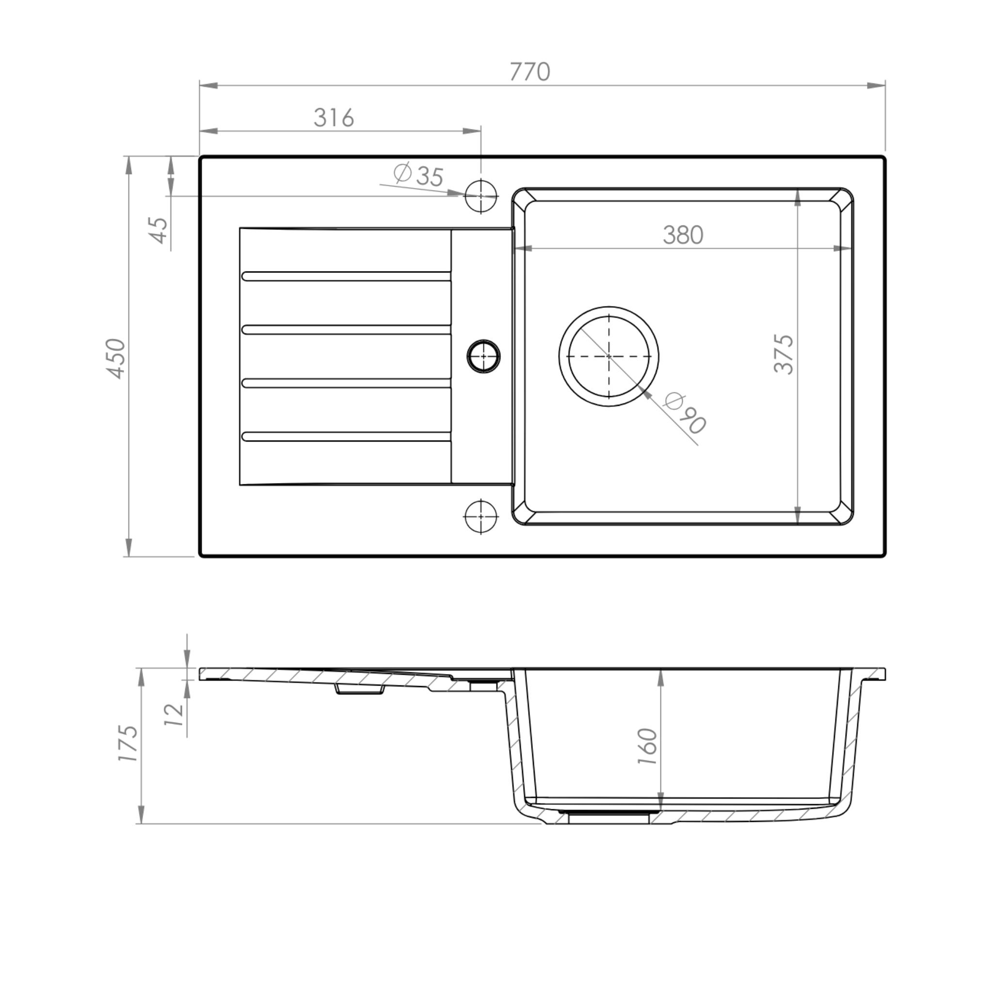 Rysunek techniczny produktu Zlewozmywak granitowy model TRIX