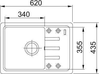 Rysunek techniczny produktu Zlewozmywak jednokomorowy Franke BSG 611-62 z baterią, dozownikiem i syfonem