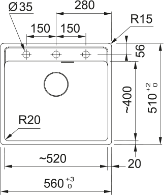 Rysunek techniczny produktu Zlewozmywak jednokomorowy Franke MRG 610-52 Zestaw bateria, syfon, ociekarka