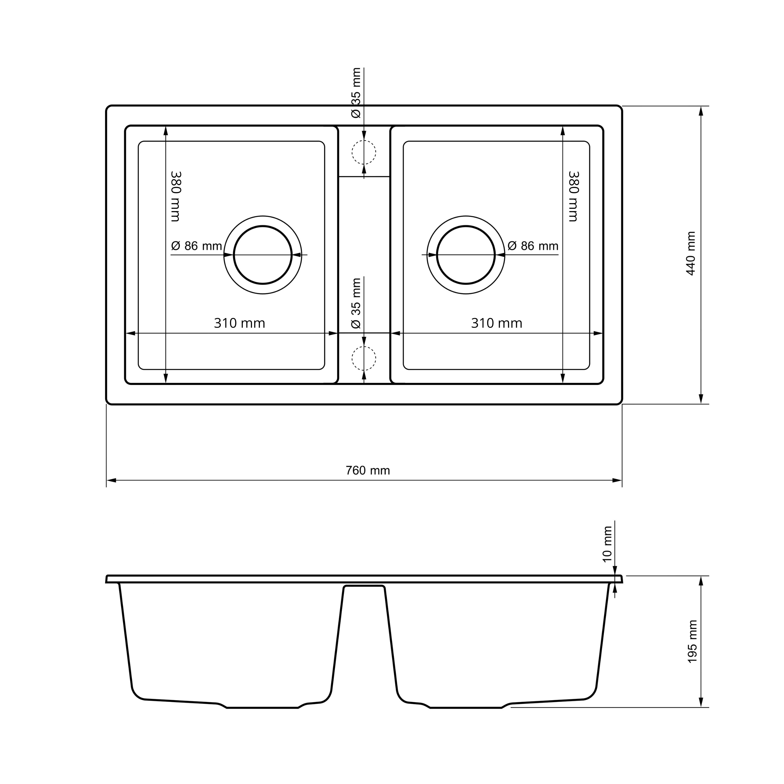 Rysunek techniczny produktu VALMERA DUO- zlewozmywak granitowy dwukomorowy