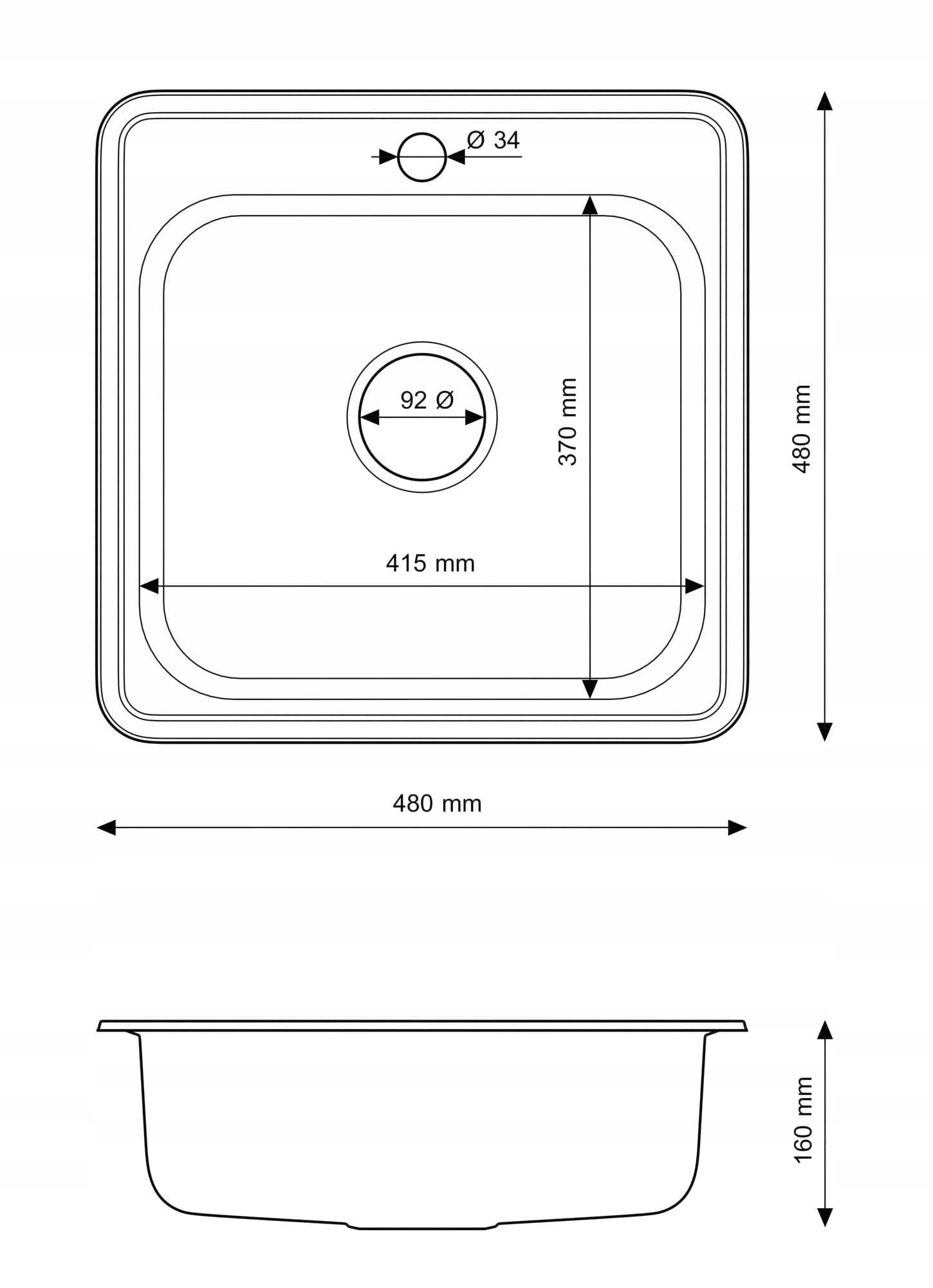 Rysunek techniczny produktu Zlewozmywak stalowy jednokomorowy 48 cm dekor Turi48 