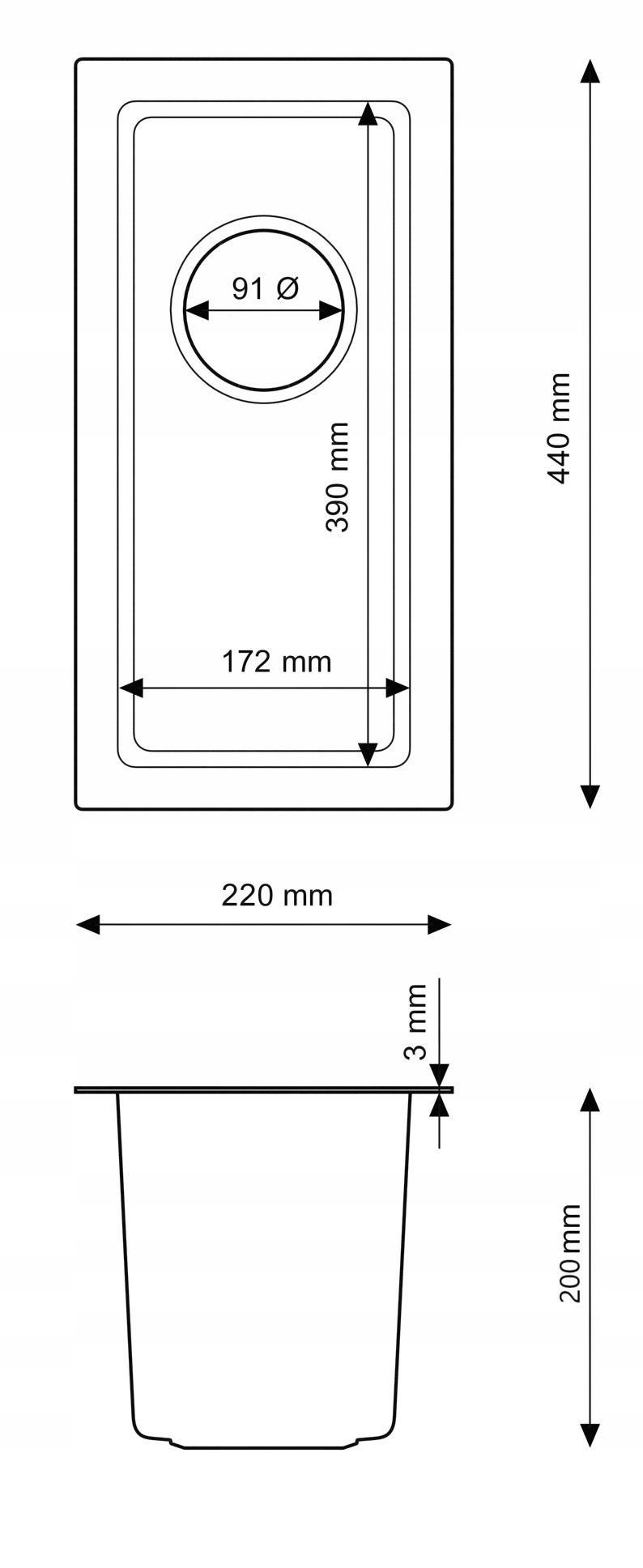 Rysunek techniczny produktu ZLEWOZMYWAK STALOWY PODBLATOWY SREBRNY JEDNA KOMORA INOX SILVO22