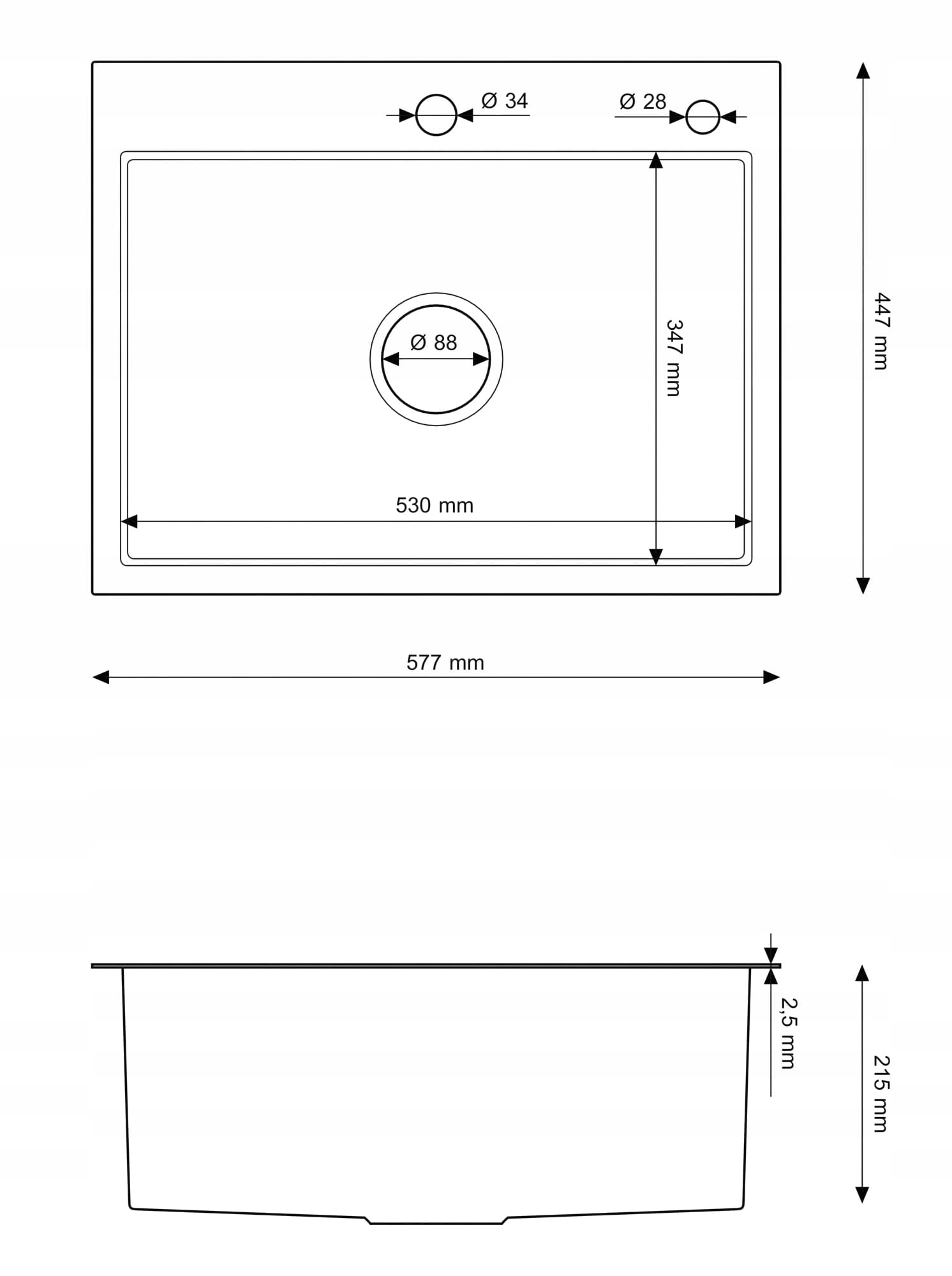 Rysunek techniczny produktu ZLEWOZMYWAK STALOWY JEDNOKOMOROWY CHROM 58x45