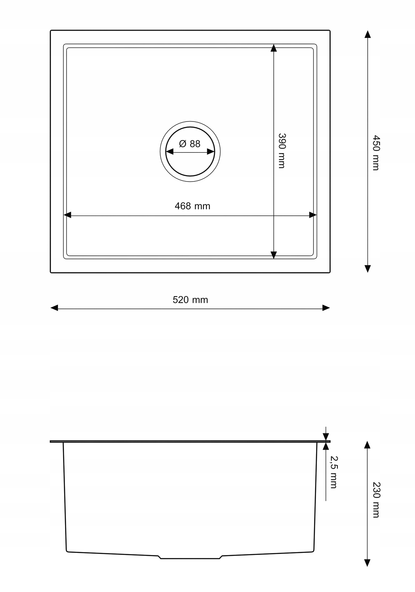 Rysunek techniczny produktu ZLEW STALOWY PODWIESZANY/NABLATOWY JEDNOKOMOROWY CHROM 52x45
