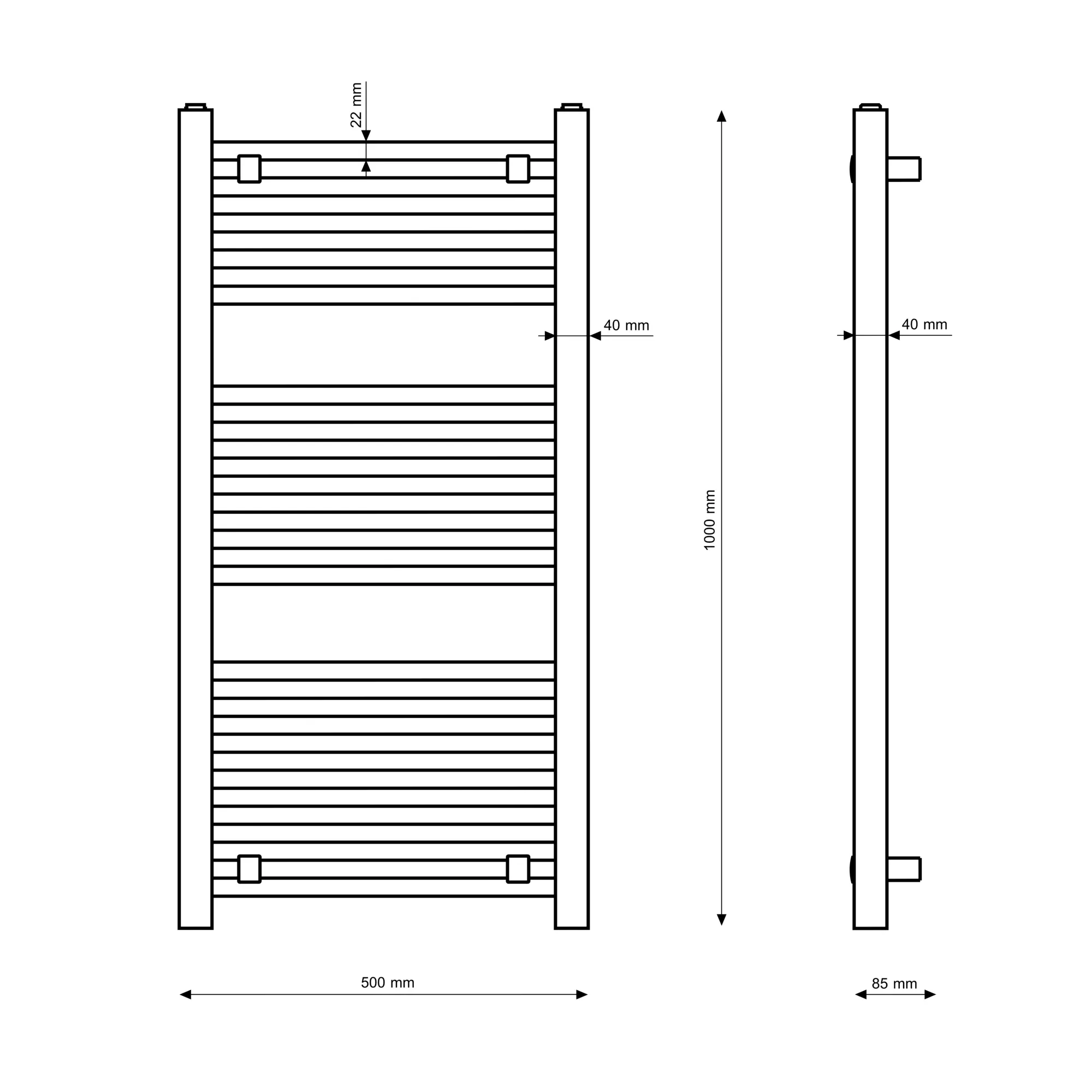 Rysunek techniczny produktu GRZEJNIK ŁAZIENKOWY CZARNY DRABINKOWY 100x50 cm KALORYFER NOWOCZESNY BERGEN