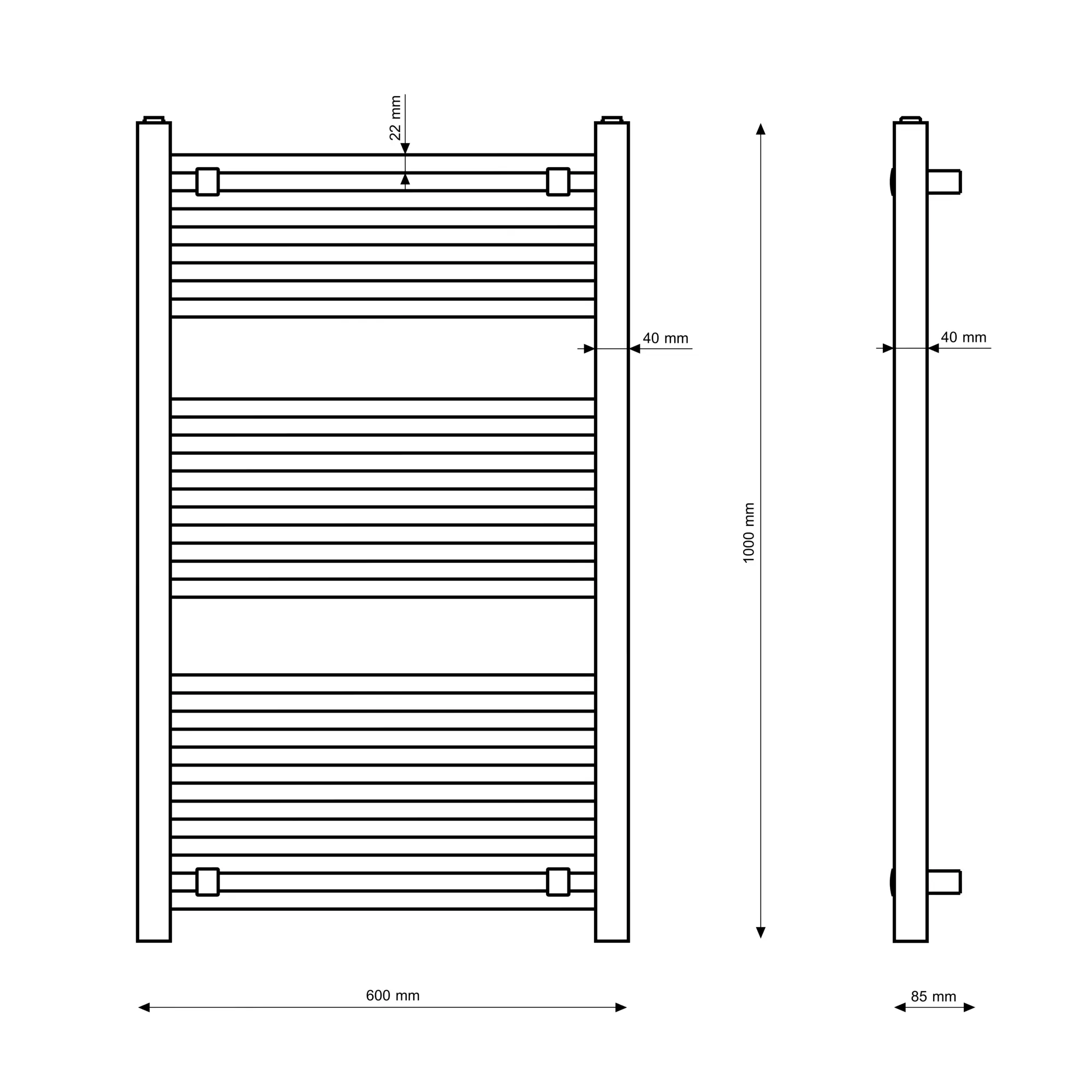 Rysunek techniczny produktu GRZEJNIK ŁAZIENKOWY BIAŁY DRABINKOWY 100x60 cm KALORYFER NOWOCZESNY BERGEN