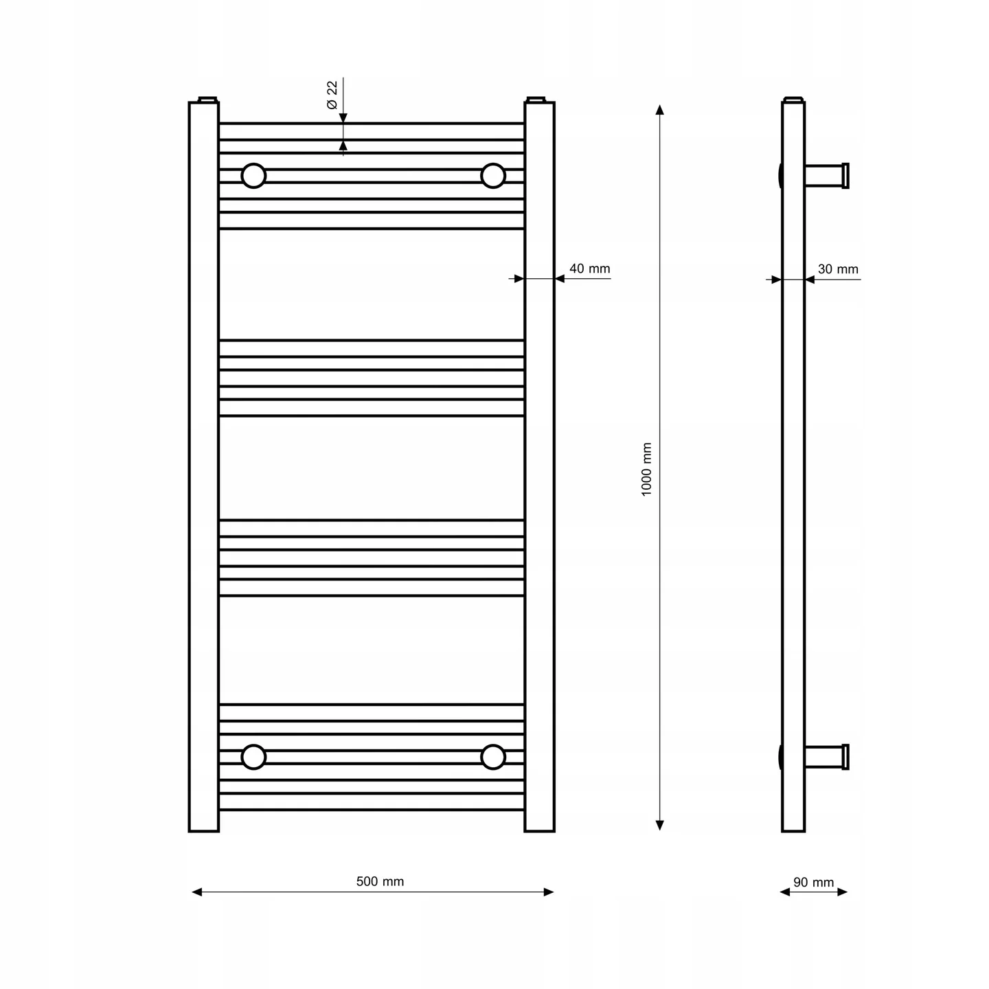 Rysunek techniczny produktu GRZEJNIK ŁAZIENKOWY CZARNY DRABINKOWY 50x100  cm KALORYFER MONTAŻ 180 BRENO
