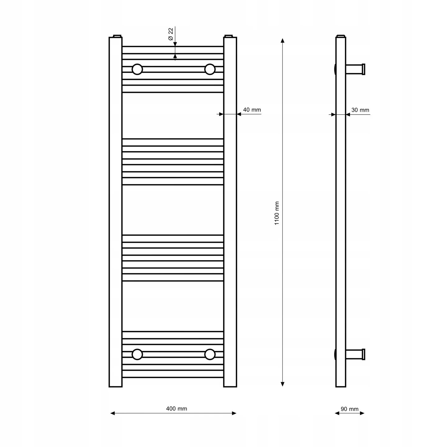 Rysunek techniczny produktu GRZEJNIK ŁAZIENKOWY CZARNY DRABINKOWY 40x110  cm KALORYFER MONTAŻ 180 BRENO
