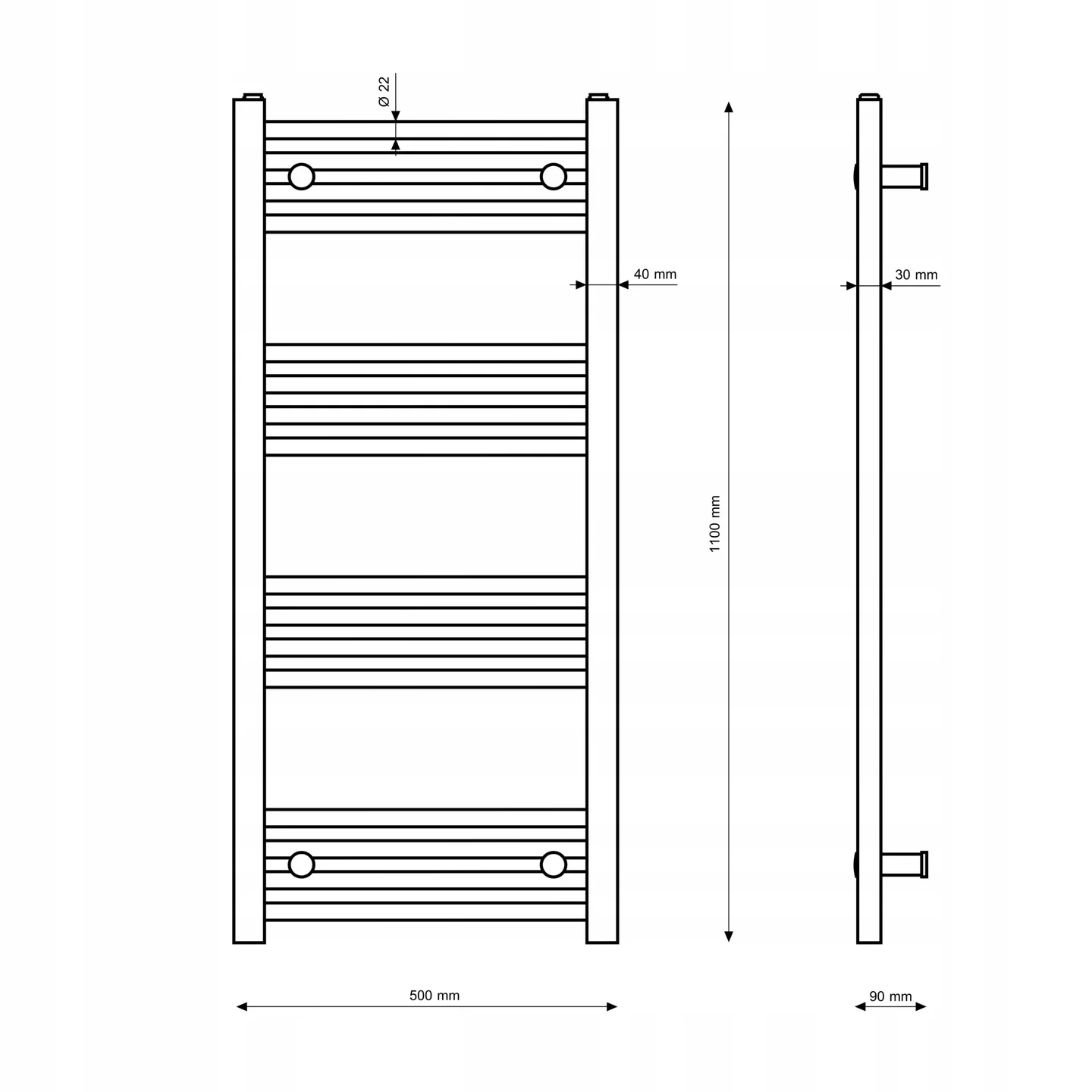 Rysunek techniczny produktu GRZEJNIK ŁAZIENKOWY CZARNY DRABINKOWY 50x110  cm KALORYFER MONTAŻ 180 BRENO