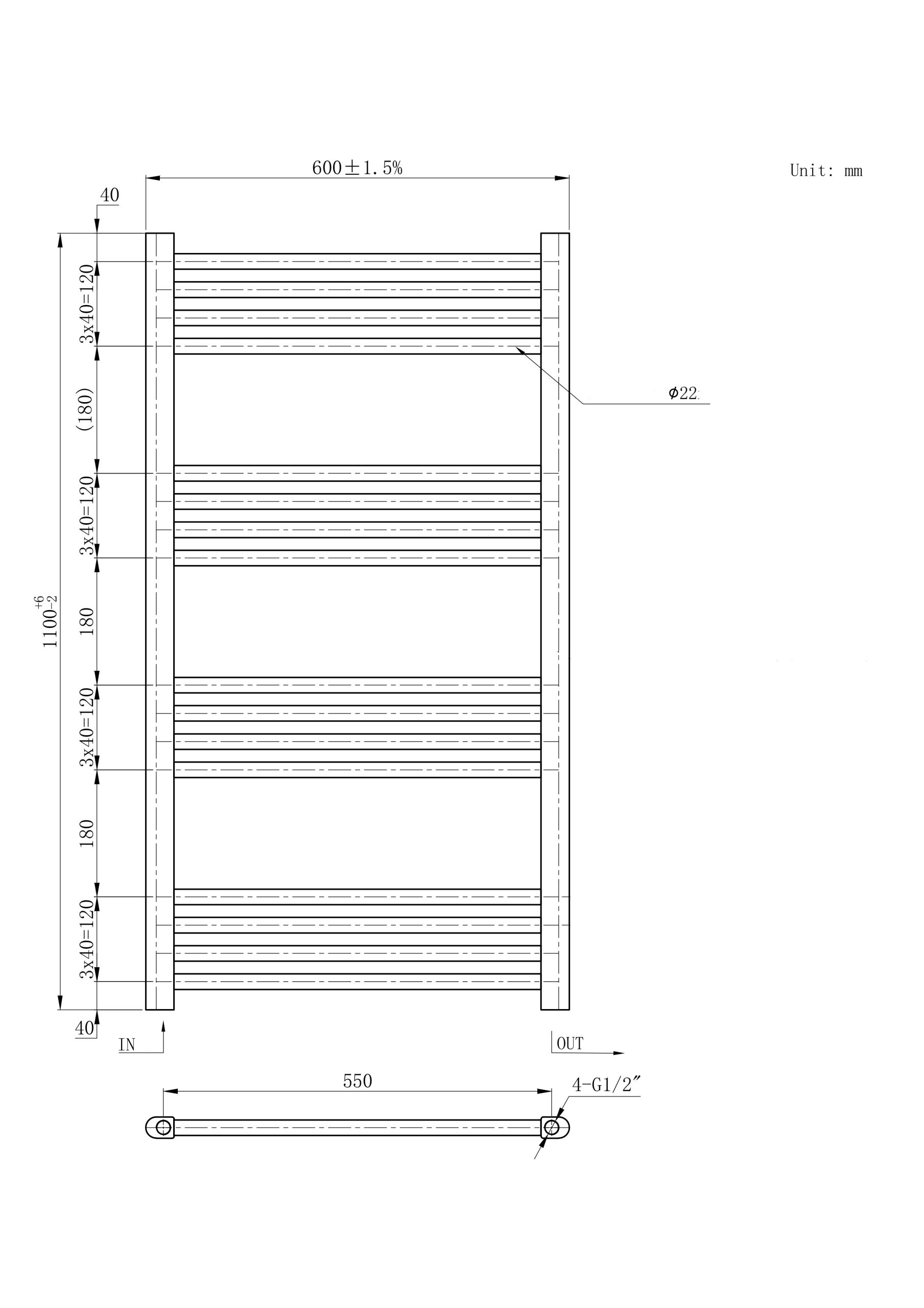 Rysunek techniczny produktu GRZEJNIK ŁAZIENKOWY CZARNY DRABINKOWY 60x110 cm KALORYFER MONTAŻ 180 BRENO