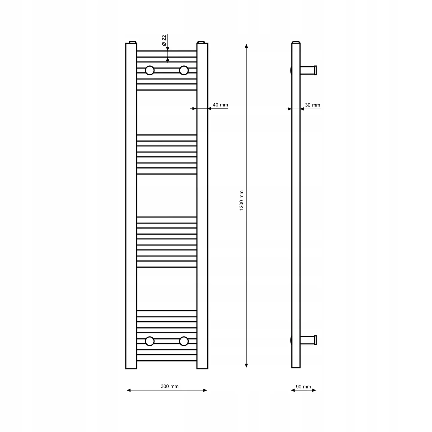 Rysunek techniczny produktu GRZEJNIK ŁAZIENKOWY BIAŁY DRABINKOWY 30x120  cm KALORYFER MONTAŻ 180 BRENO
