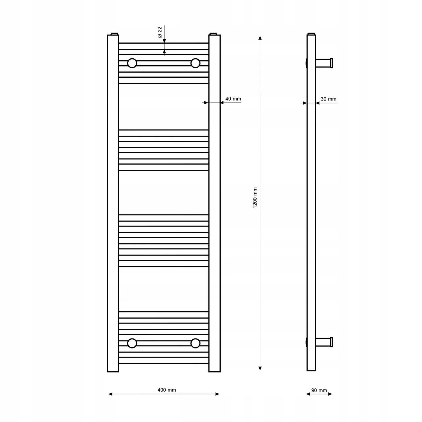 Rysunek techniczny produktu GRZEJNIK ŁAZIENKOWY CZARNY DRABINKOWY 40x120  cm KALORYFER MONTAŻ 180 BRENO