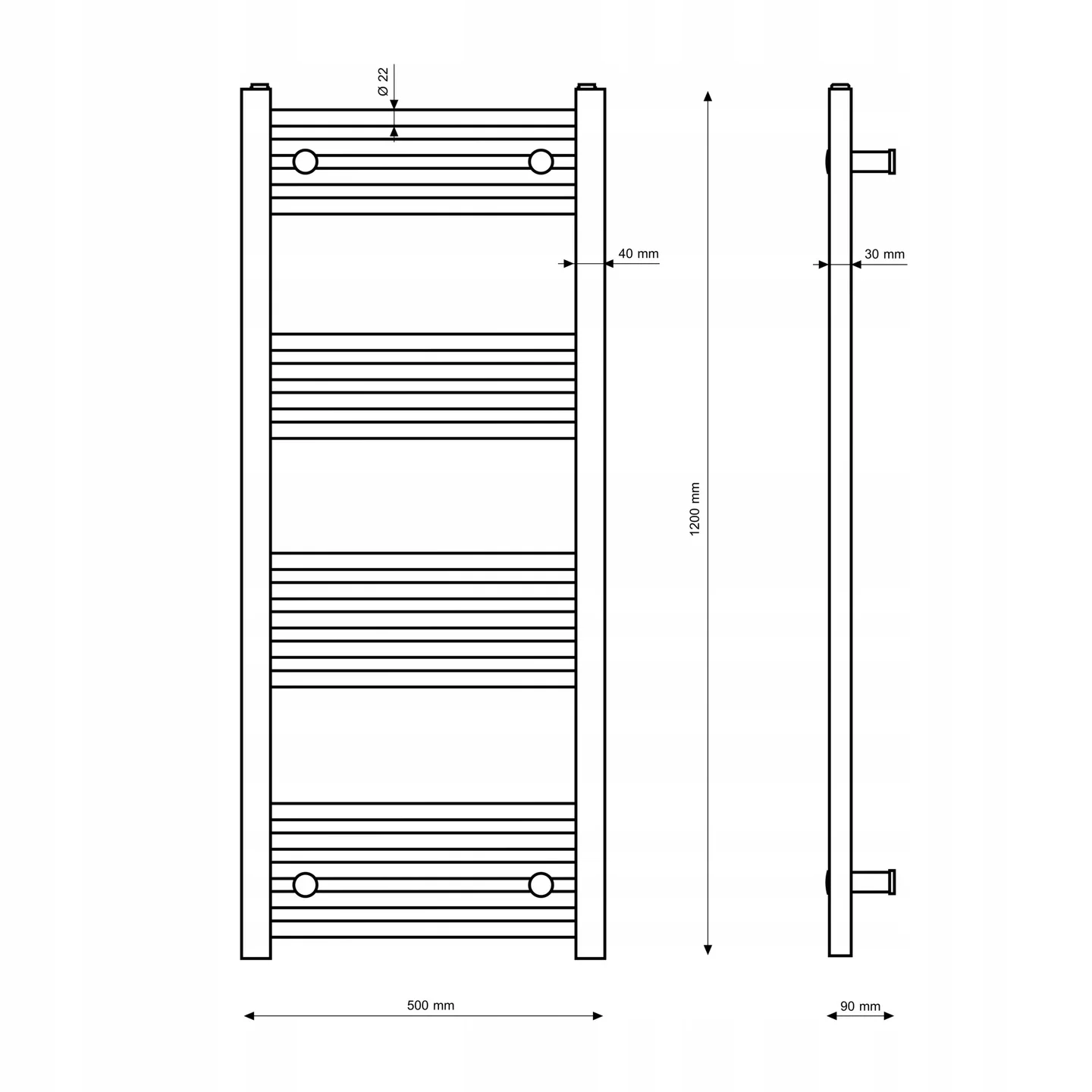 Rysunek techniczny produktu GRZEJNIK ŁAZIENKOWY CZARNY DRABINKOWY 50x120  cm KALORYFER MONTAŻ 180 BRENO
