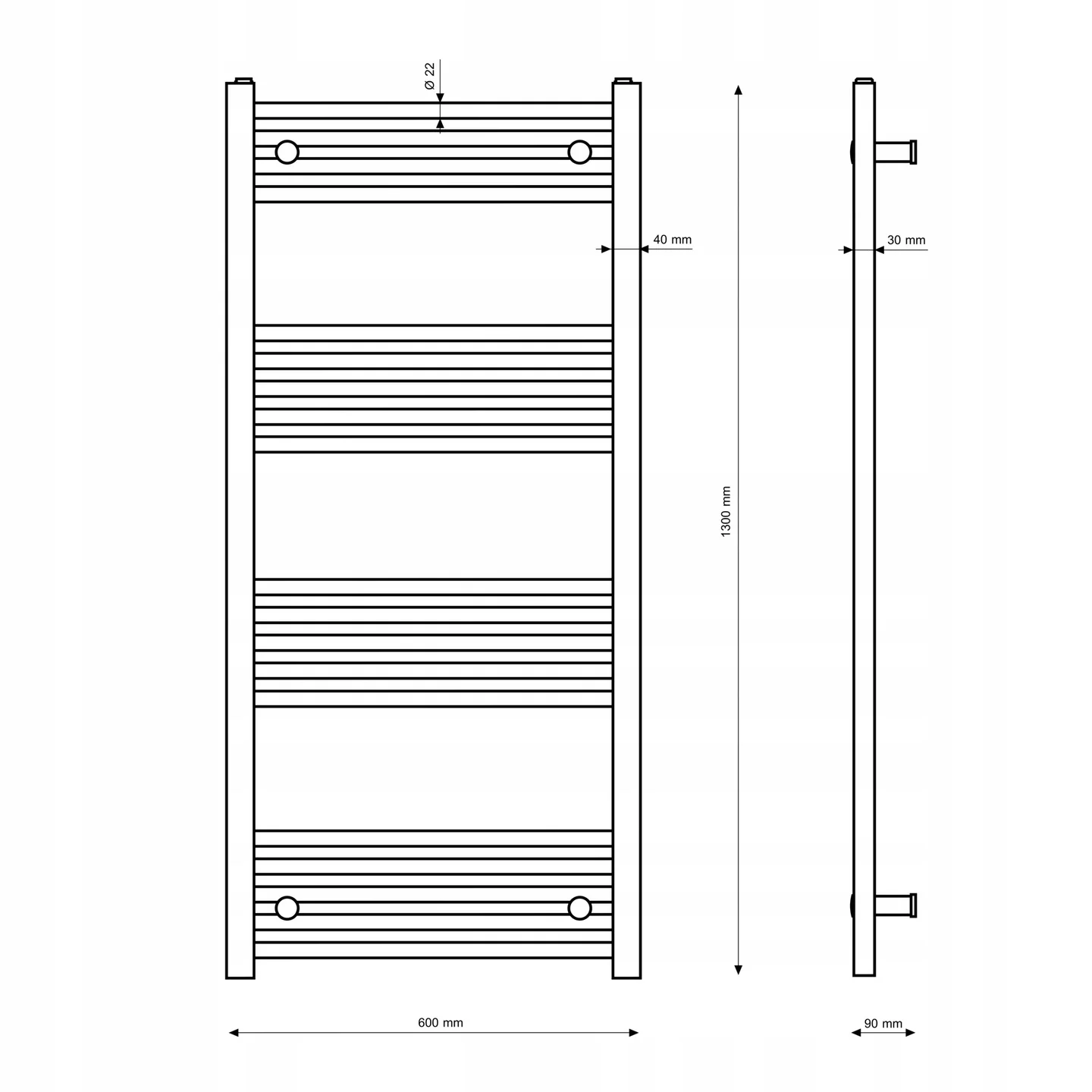 Rysunek techniczny produktu GRZEJNIK ŁAZIENKOWY CZARNY DRABINKOWY 60x130 cm KALORYFER MONTAŻ 180 BRENO