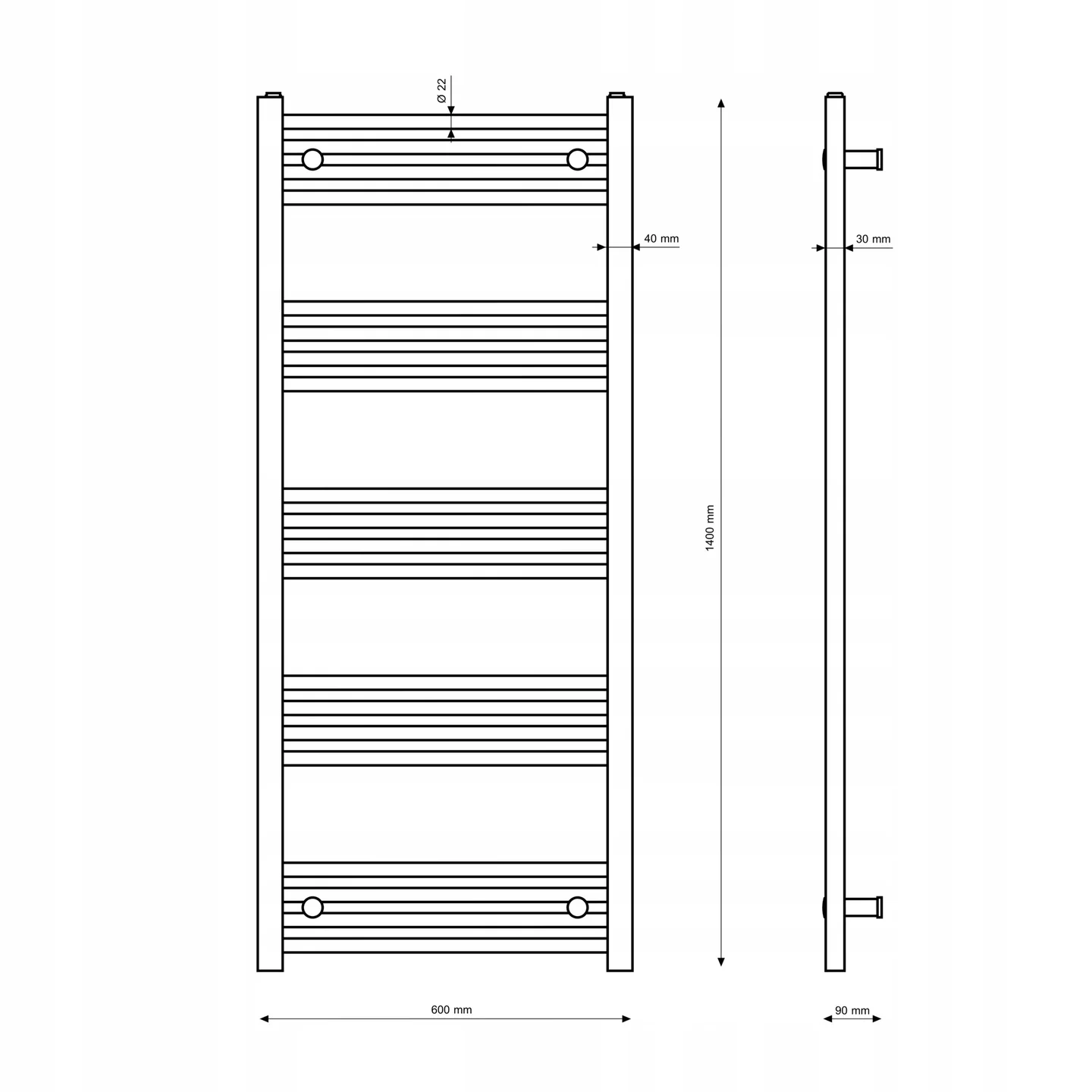 Rysunek techniczny produktu GRZEJNIK ŁAZIENKOWY CZARNY DRABINKOWY 60x140 cm KALORYFER NOWOCZESNY BRENO