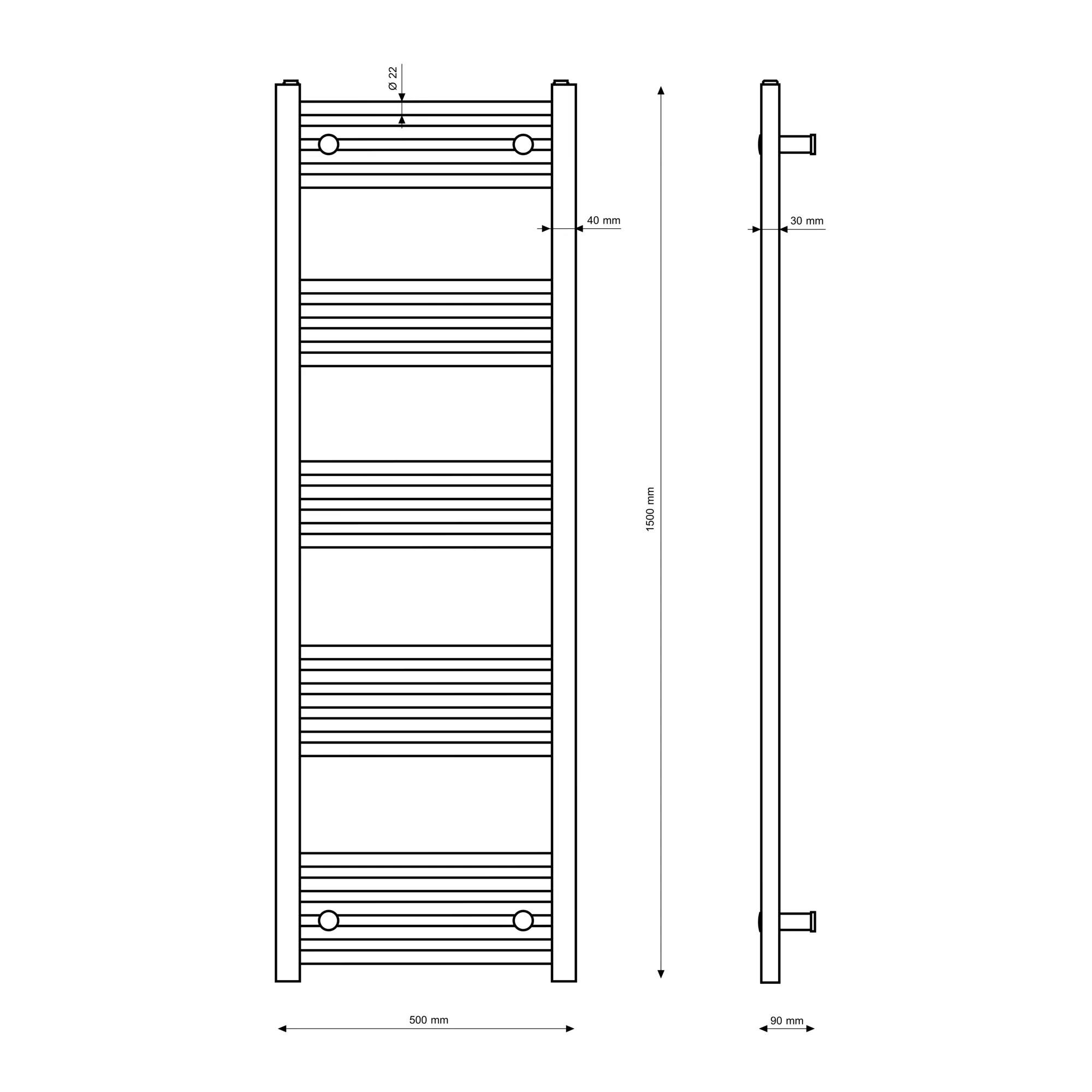 Rysunek techniczny produktu GRZEJNIK ŁAZIENKOWY CZARNY DRABINKOWY 50x150 cm KALORYFER MONTAŻ 180 BRENO