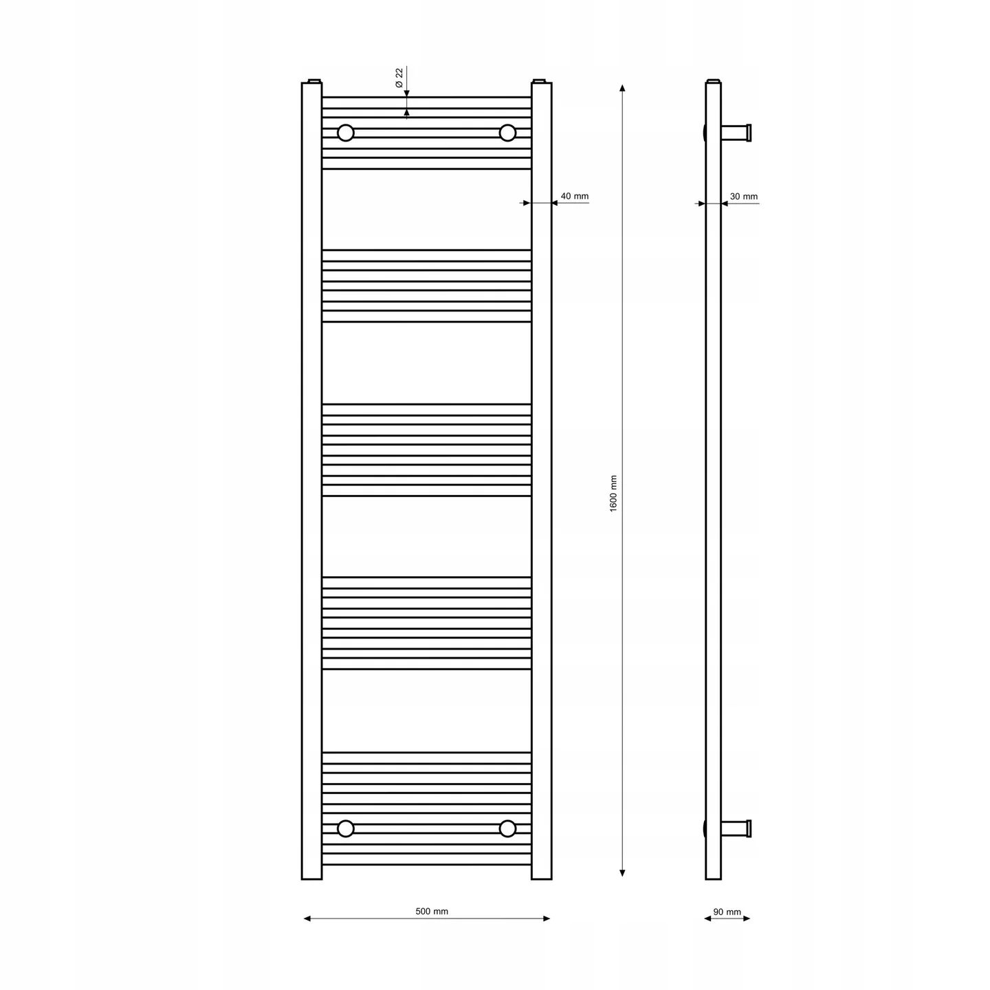 Rysunek techniczny produktu GRZEJNIK ŁAZIENKOWY BIAŁY DRABINKOWY 50x160 cm KALORYFER MONTAŻ 180 BRENO