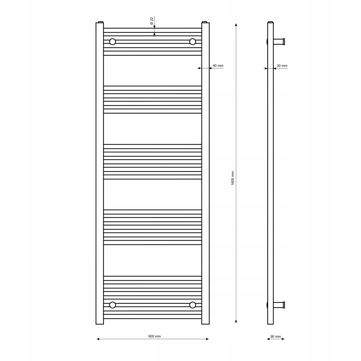 Rysunek techniczny produktu GRZEJNIK ŁAZIENKOWY CZARNY DRABINKOWY 60x160 cm KALORYFER MONTAŻ 180 BRENO