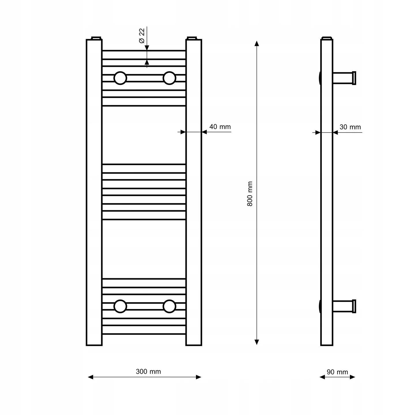 Rysunek techniczny produktu GRZEJNIK ŁAZIENKOWY BIAŁY DRABINKOWY 30x80  cm KALORYFER MONTAŻ 180 BRENO