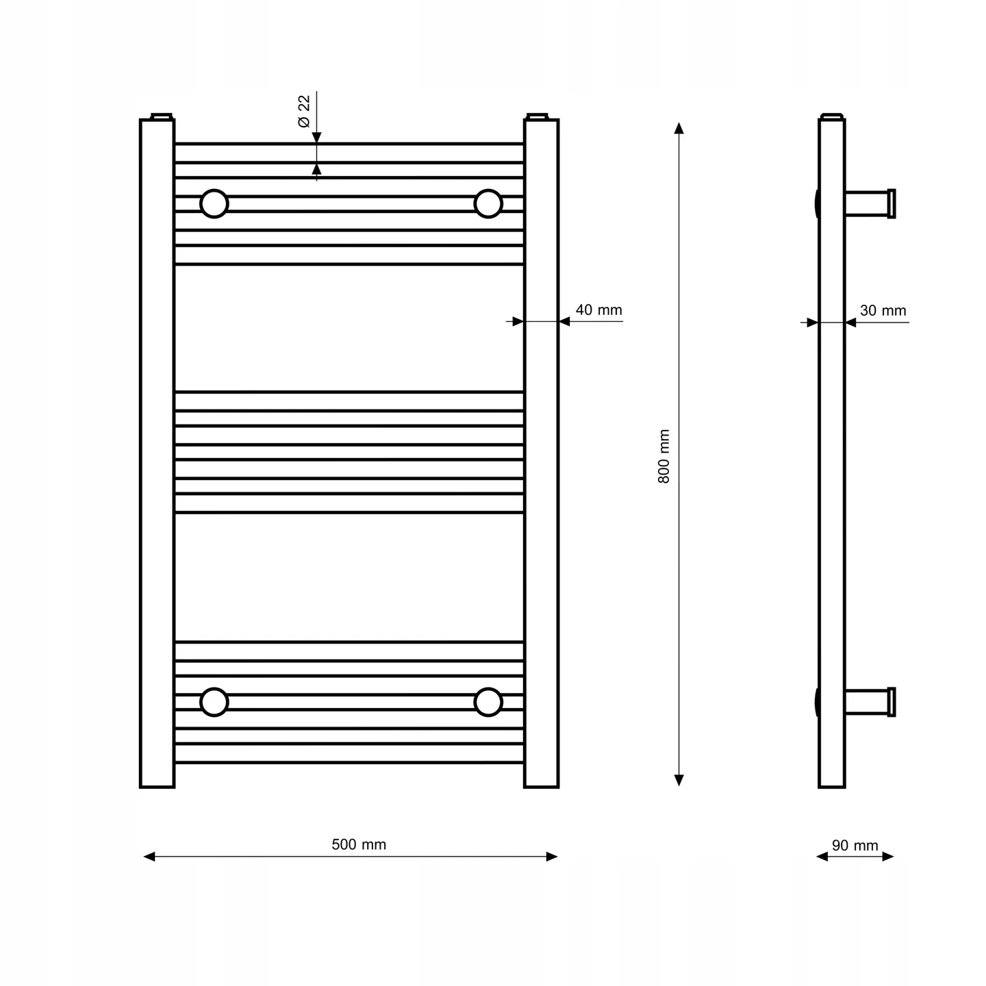 Rysunek techniczny produktu GRZEJNIK ŁAZIENKOWY BIAŁY DRABINKOWY 50x80  cm KALORYFER MONTAŻ 180 BRENO