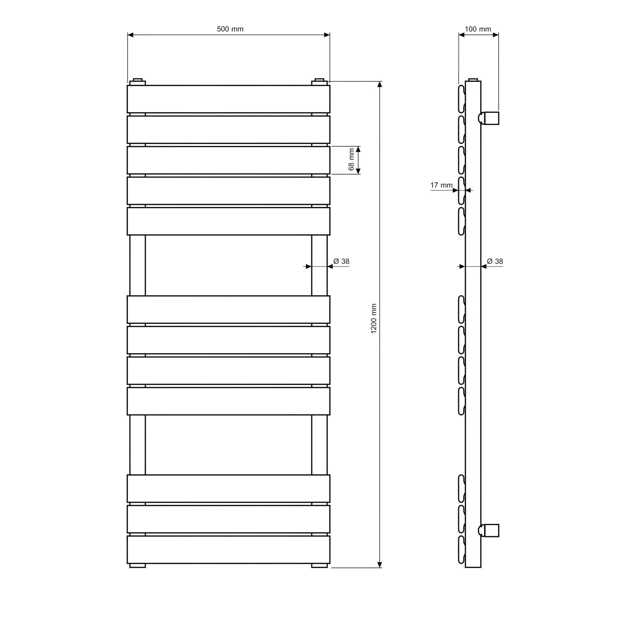 Rysunek techniczny produktu GRZEJNIK ŁAZIENKOWY BIAŁY 120x50 cm OSLO