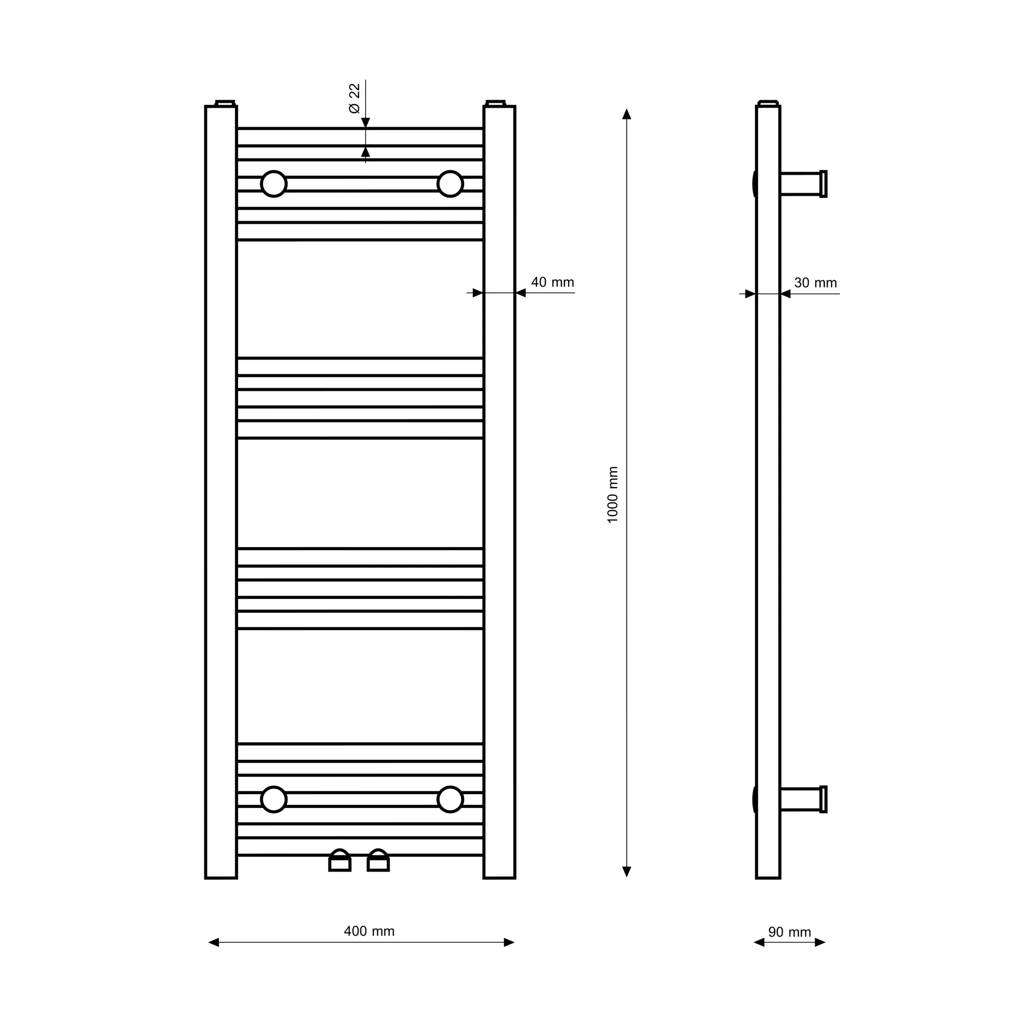 Rysunek techniczny produktu GRZEJNIK ŁAZIENKOWY KALORYFER NOWOCZESNY DRABINKOWY BIAŁY 100x40 cm RAVEN