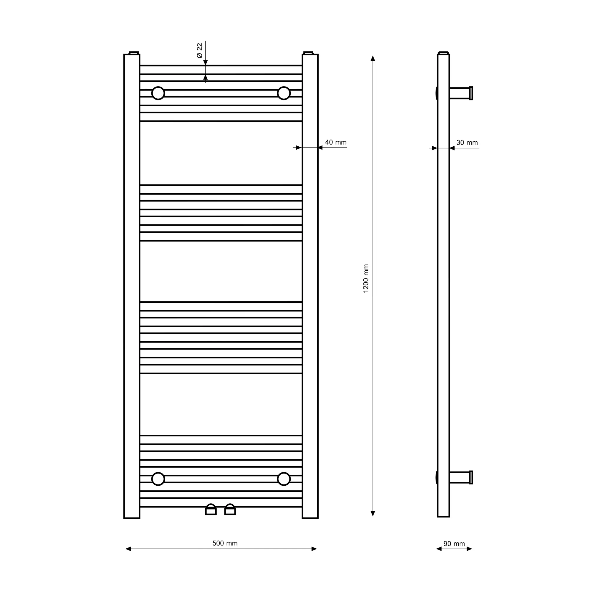 Rysunek techniczny produktu GRZEJNIK ŁAZIENKOWY KALORYFER NOWOCZESNY DRABINKOWY ZŁOTY 120x50 cm RAVEN
