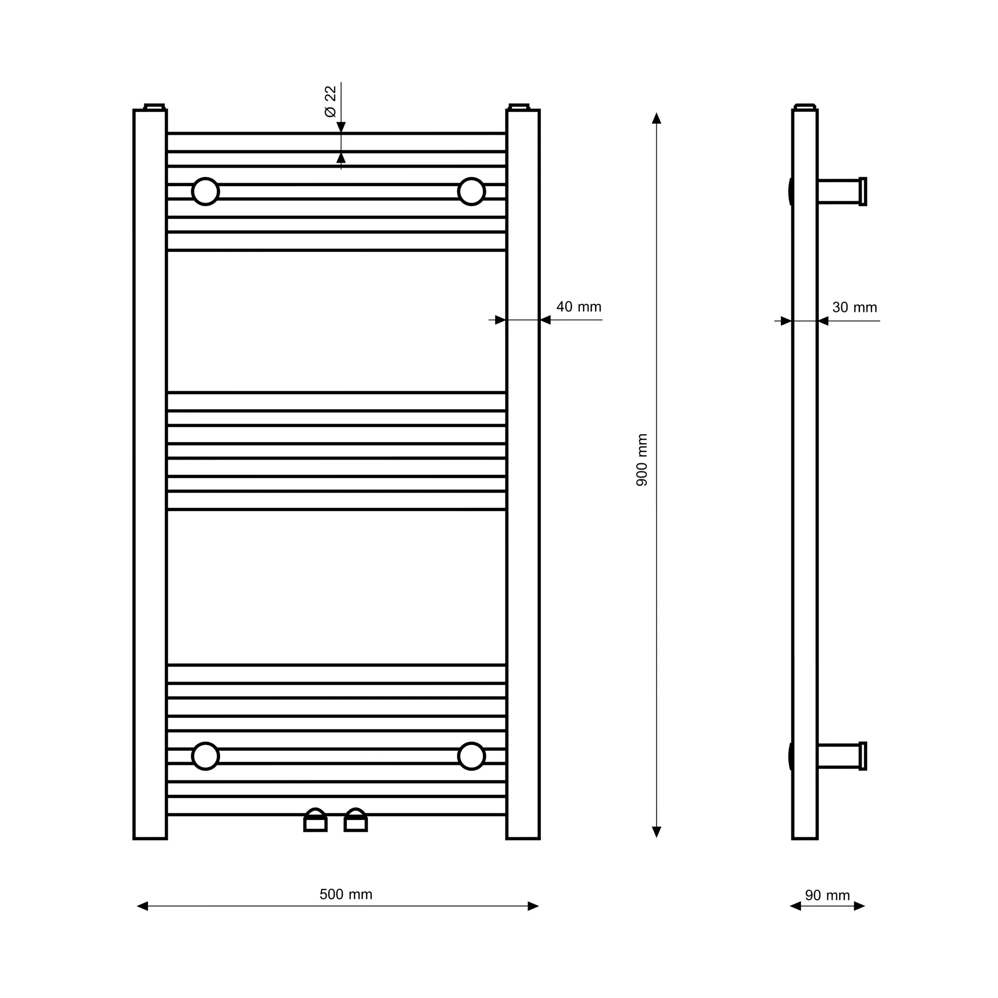 Rysunek techniczny produktu GRZEJNIK ŁAZIENKOWY KALORYFER NOWOCZESNY DRABINKOWY ZŁOTY 90x50 cm RAVEN