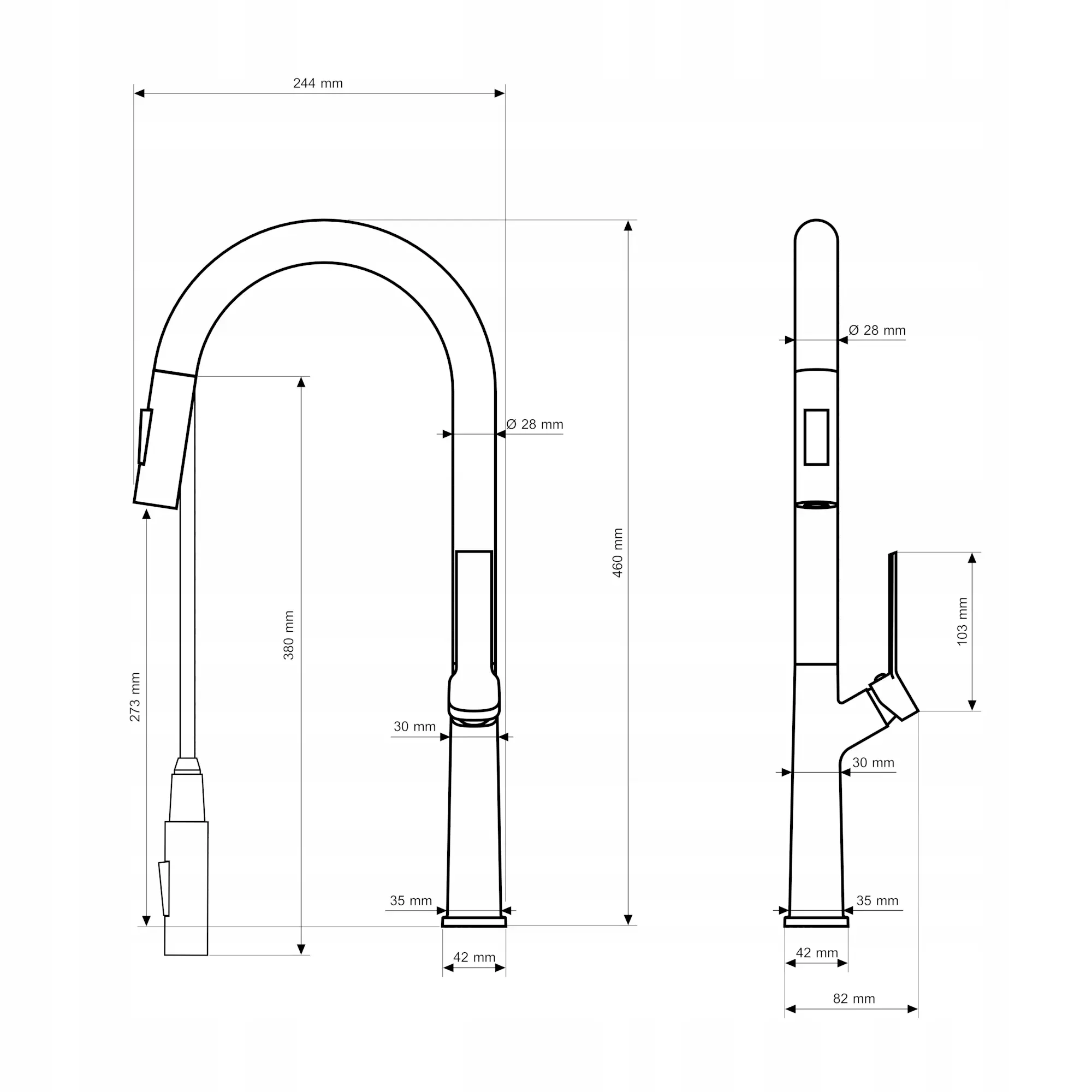 Rysunek techniczny produktu Bateria kuchenna do zlewu wysoka Ellis chrom