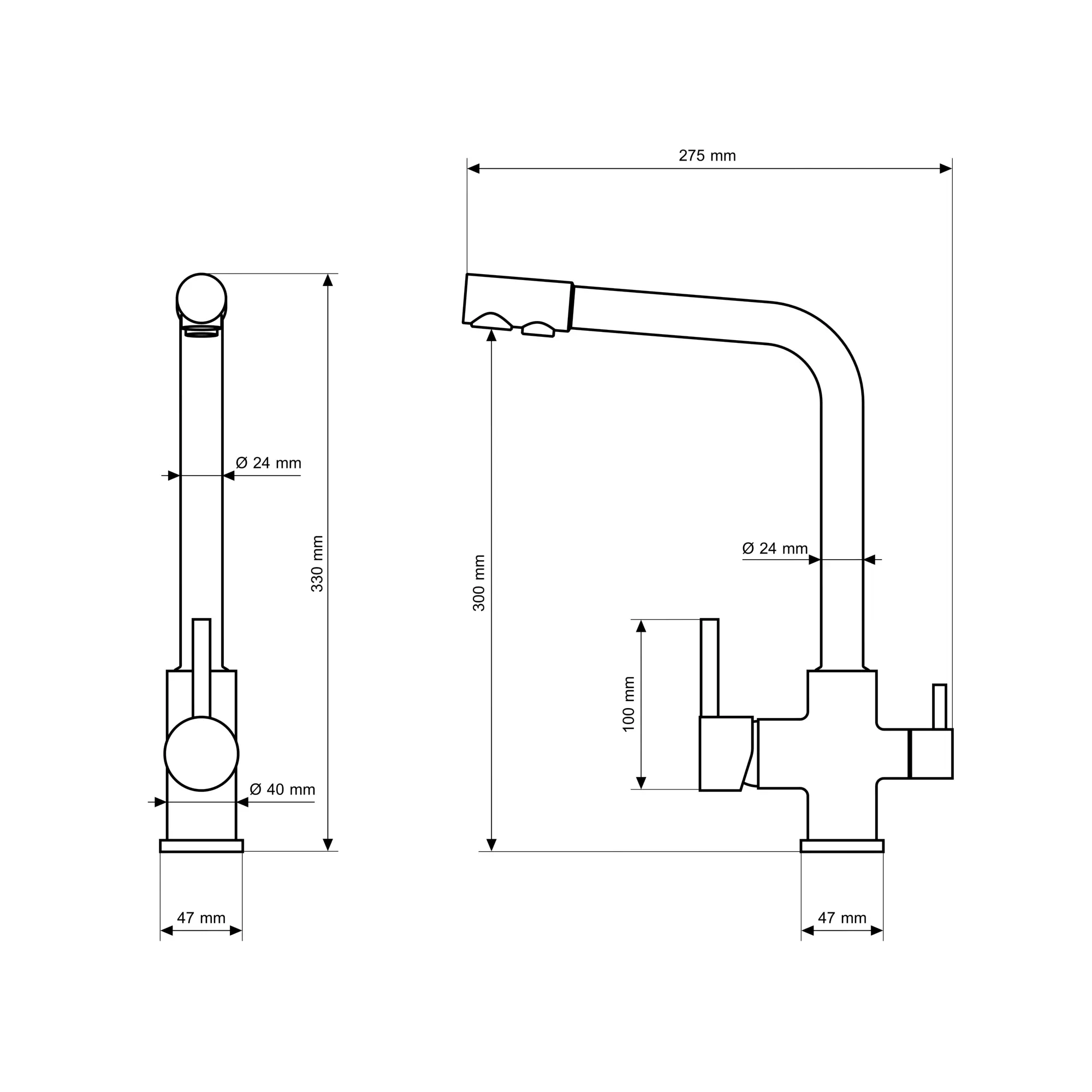 Rysunek techniczny produktu Bateria kuchenna trójdrożna FLOW chrom