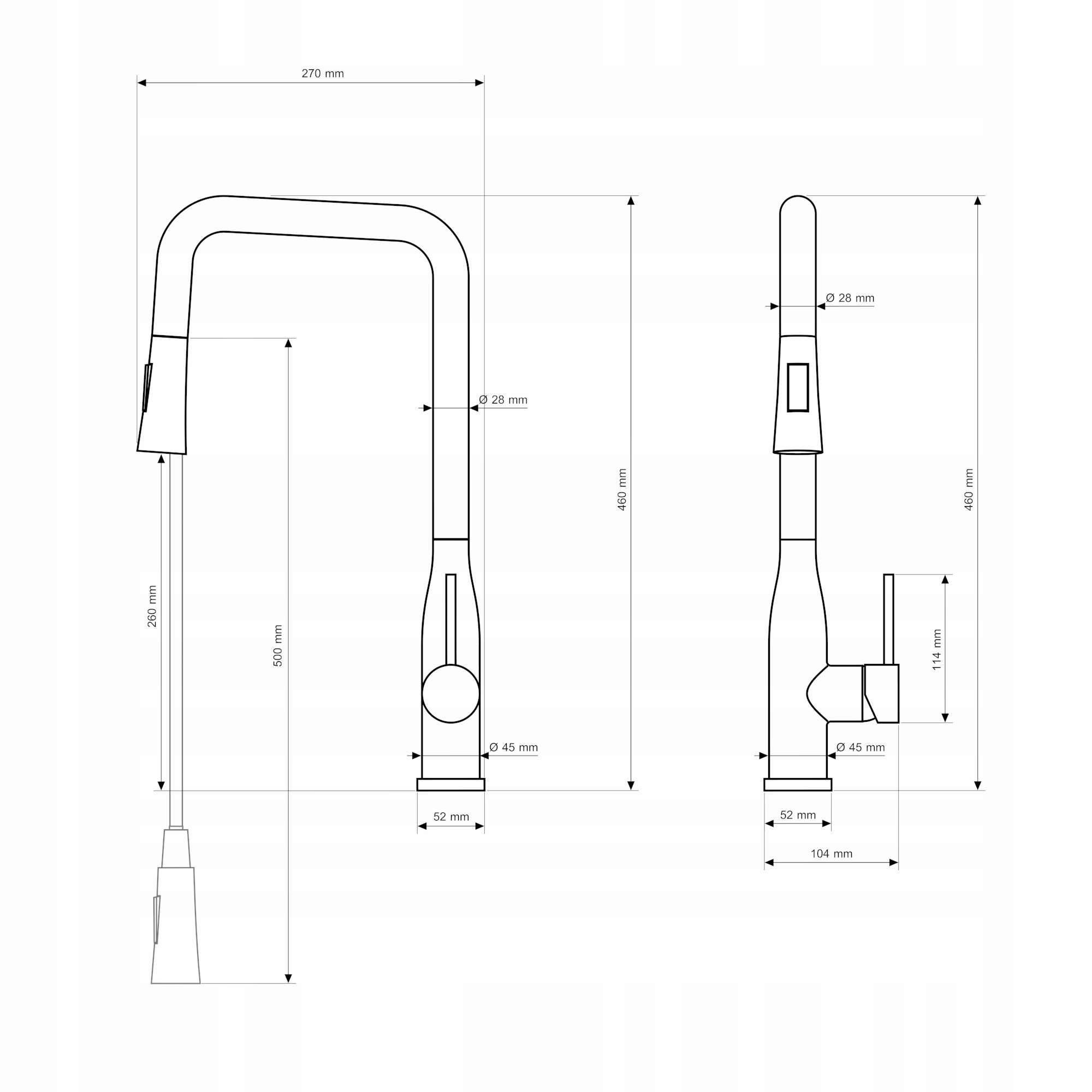 Rysunek techniczny produktu Bateria kuchenna z wyciąganą wylewką gun grey Vector