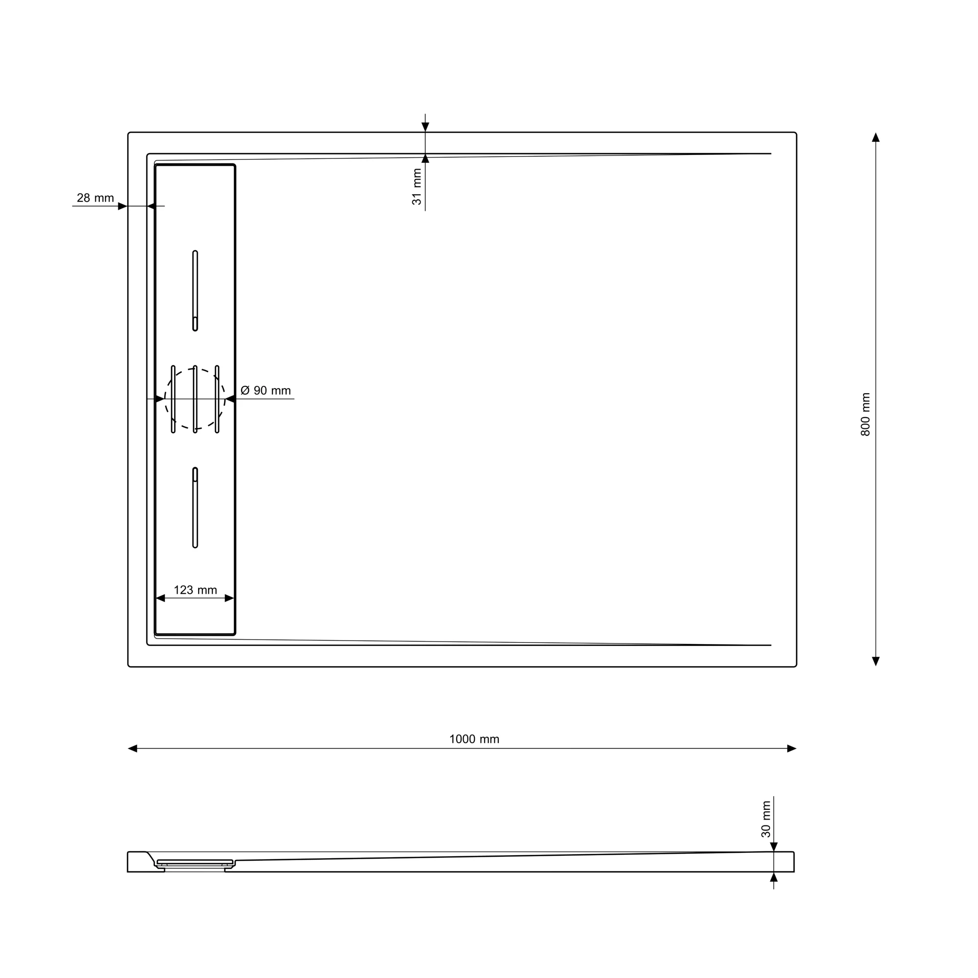 Rysunek techniczny produktu BRODZIK PRYSZNICOWY PROSTOKĄTNY 100 x 80 CM BIAŁY VIVA