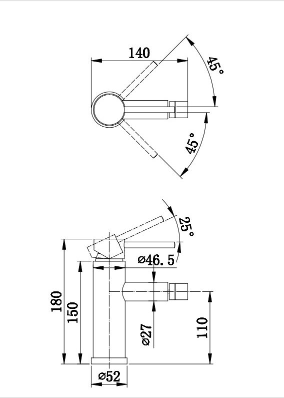 Rysunek techniczny produktu Bateria bidetowa stojąca jednouchwytowa kran bidet ruchomy GLAMI chrom