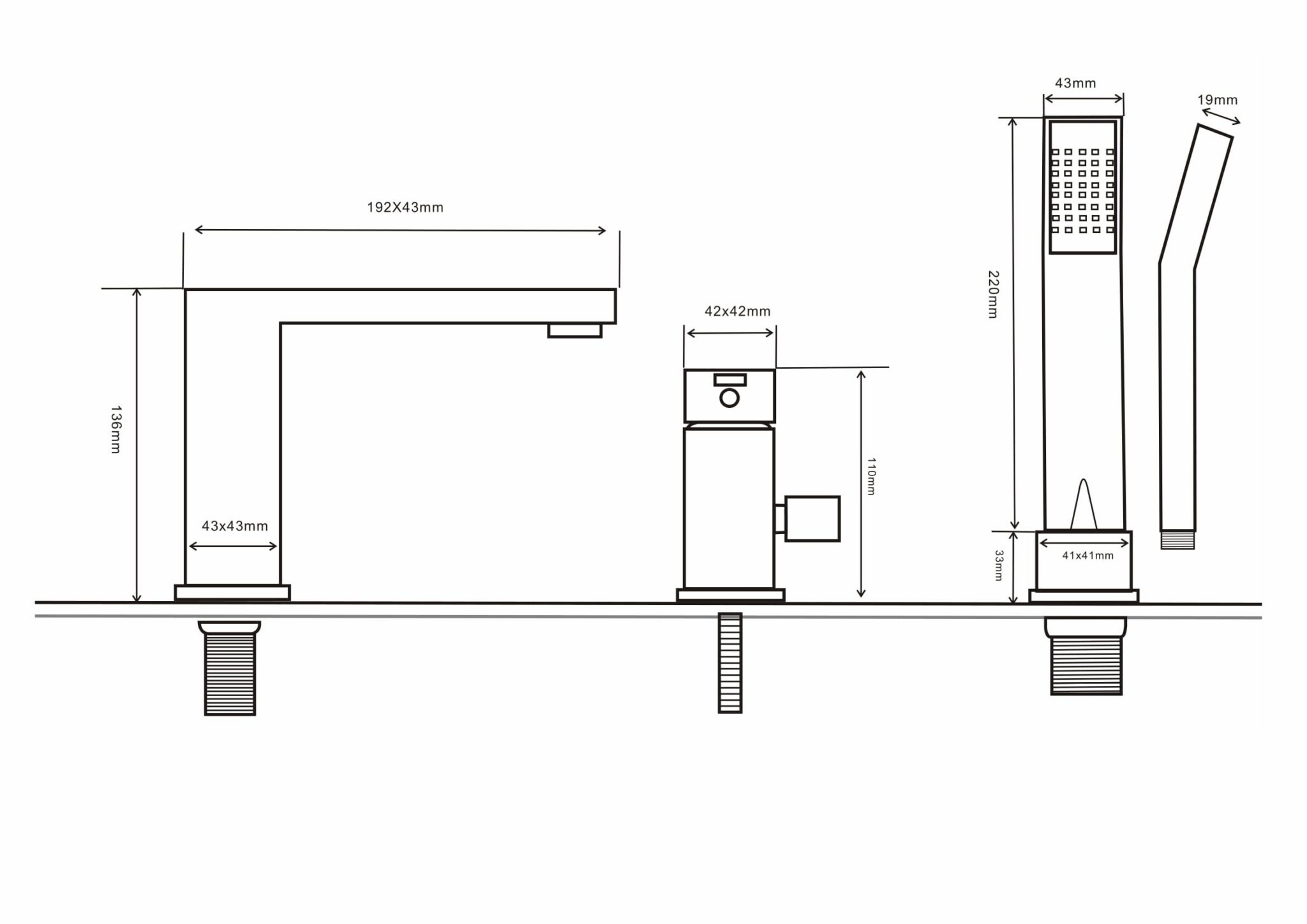 Rysunek techniczny produktu Caro bateria wannowa 3-otworowa czarna
