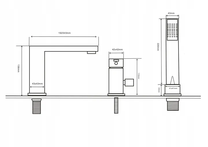 Rysunek techniczny produktu Bateria wannowa nawannowa 3-otworowa z prysznicem chrom Nova