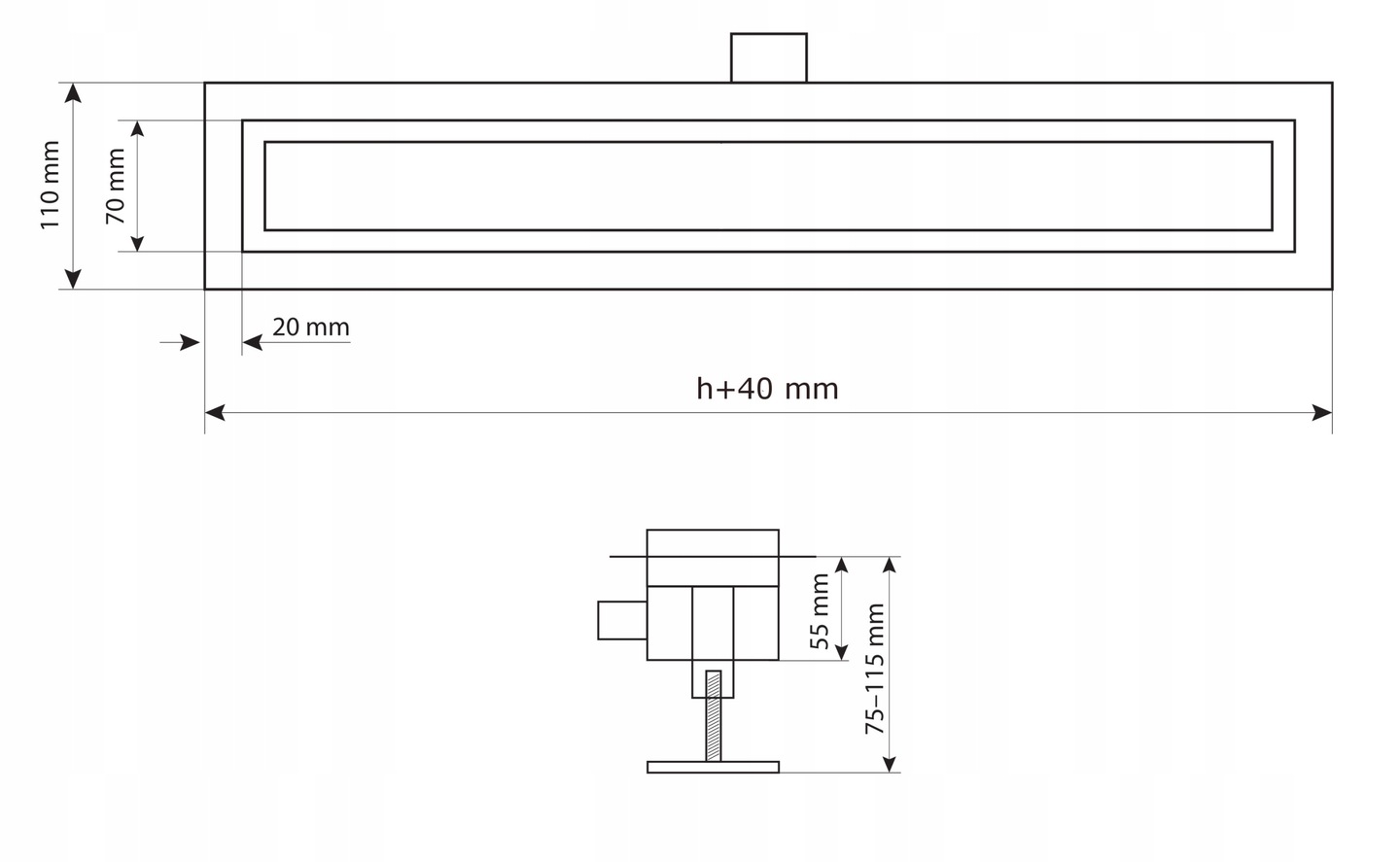 Rysunek techniczny produktu Odpływ liniowy pod płytkę grecki 70 cm