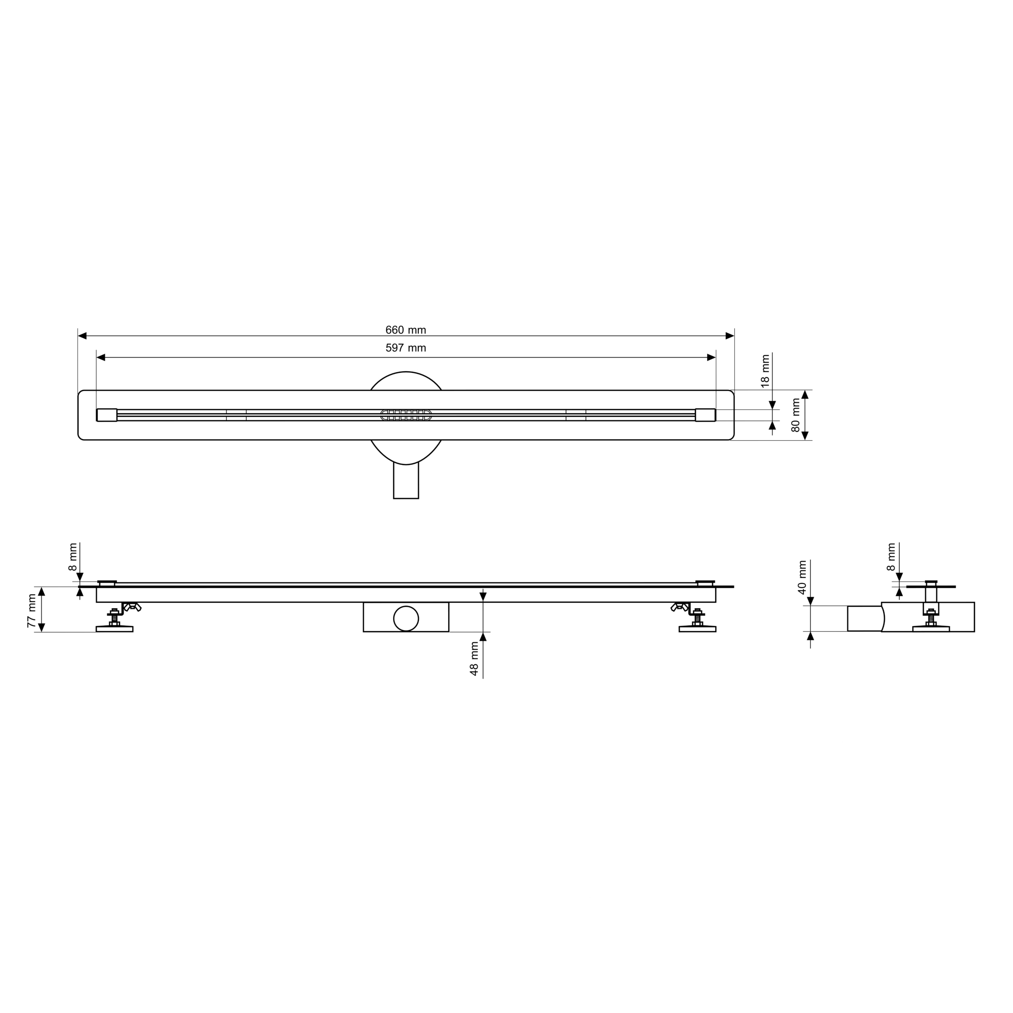 Rysunek techniczny produktu ODPŁYW LINIOWY POD PŁYTKĘ 60 cm STAL SYFON PRYSZNIC BRODZIK LUNO CZARNY